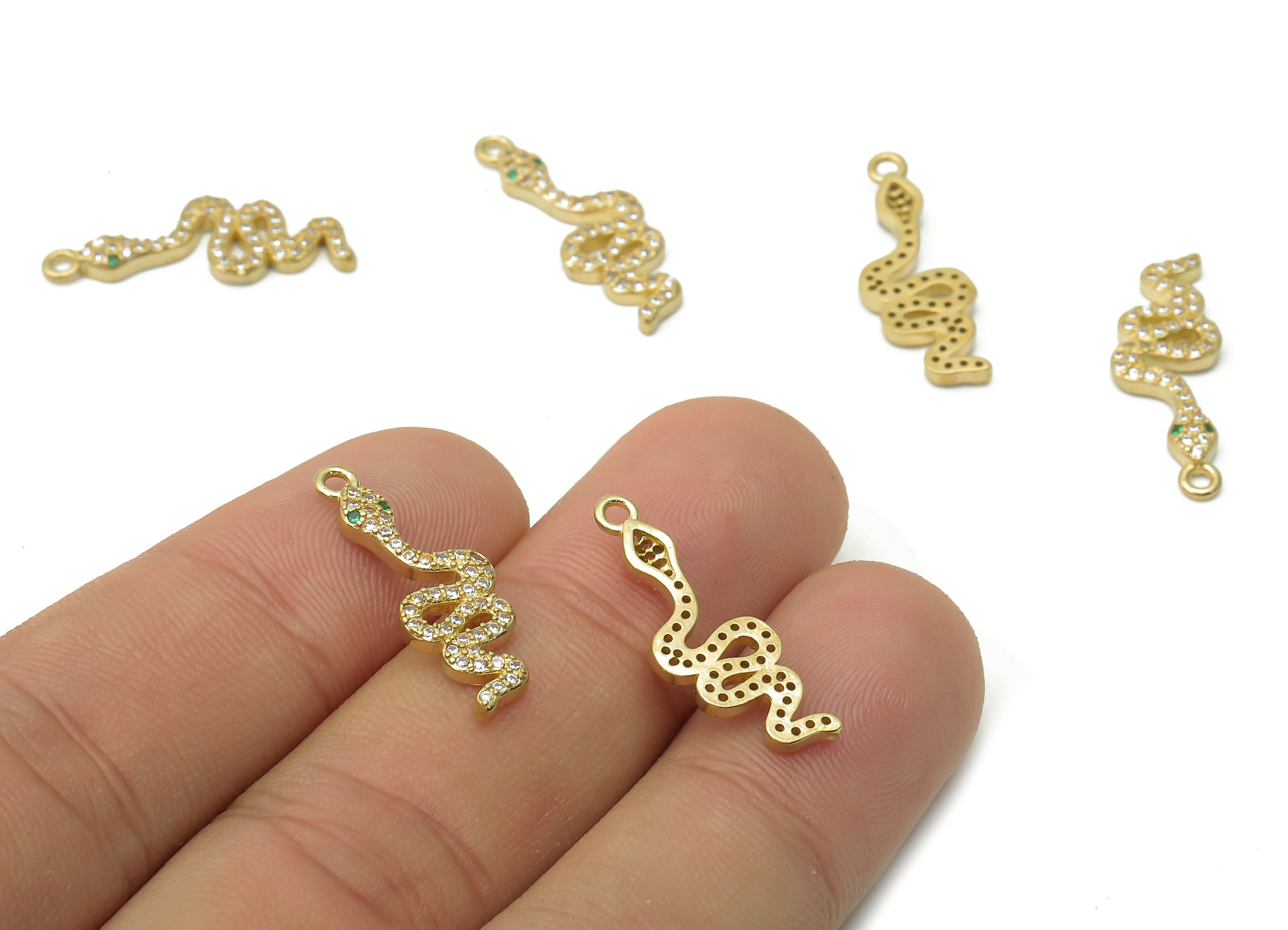 Brass Snake Earring Charm - Raw Brass Snake Pendant with Zircons - Raw Brass Snake Necklace With Green Eye - 23.28x8.02x2.14mm - PP7663 - DOMEDBAZAAR