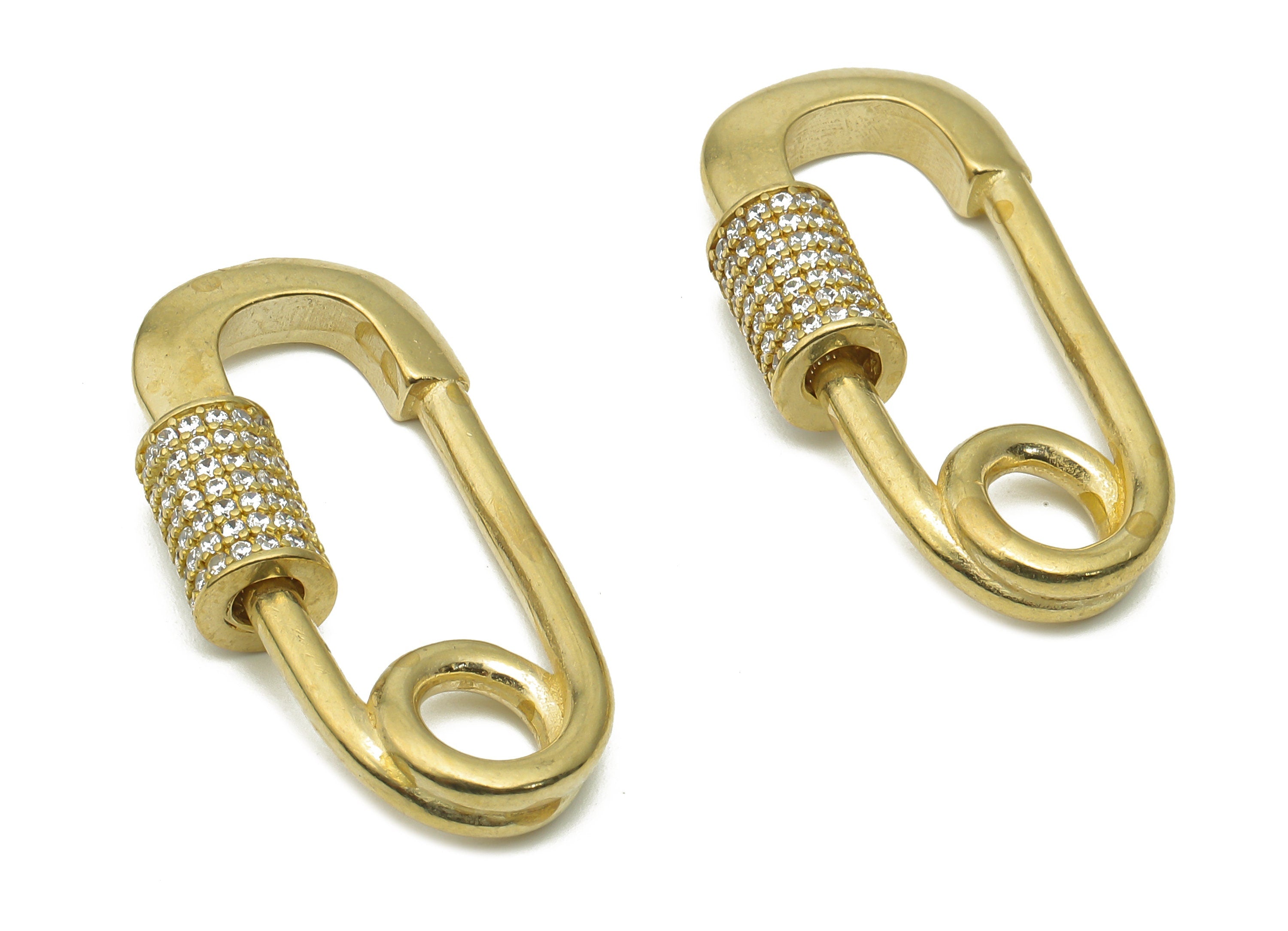 Safety Pin Charm - Brass Screw Clasp Pin Earrings with Zircon - Raw Brass Turnbuckle Lock Pin Pendant - Carabiner - 29.3x15.9x3.1mm - PP7715 - DOMEDBAZAAR