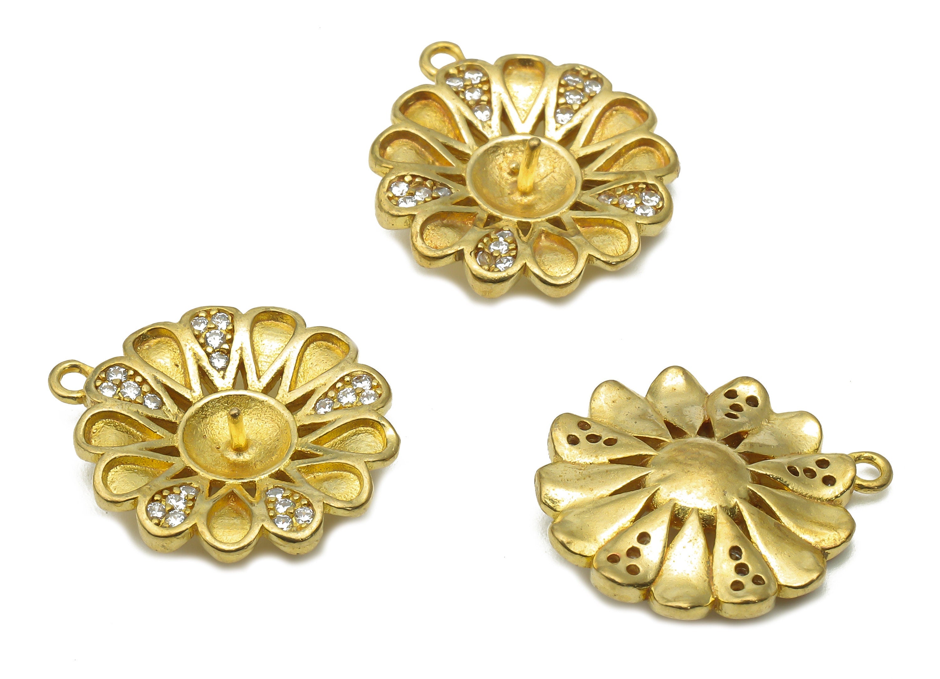 Brass Flower Earrings Charm With Zircon - Raw Brass Flower Charms - Brass For Pearl Earring- 18.64x16.7x1.63mm - PP7745 - DOMEDBAZAAR