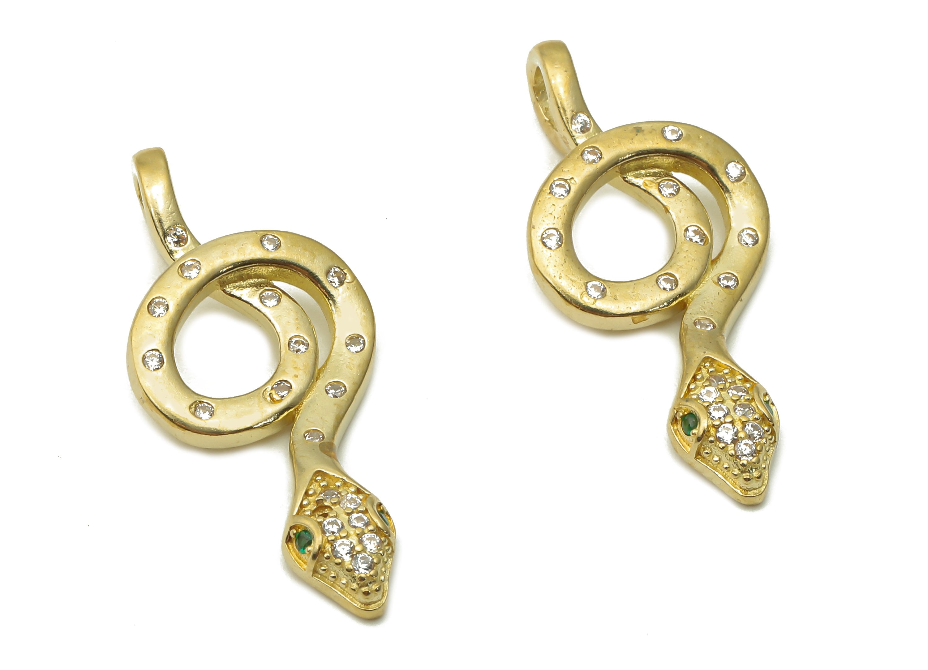 Brass Snake Charms - Raw Brass Dot Snake Necklace with Zircons - Snake Pendant With Green Eye - Earring Charm - 30.9x14.8x3.8mm - PP7653 - DOMEDBAZAAR