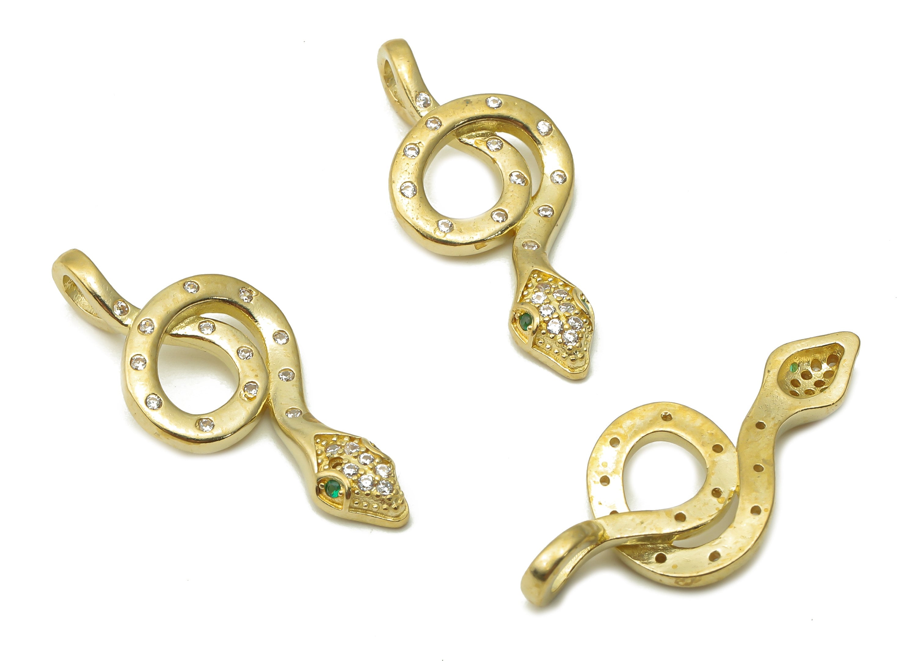 Brass Snake Charms - Raw Brass Dot Snake Necklace with Zircons - Snake Pendant With Green Eye - Earring Charm - 30.9x14.8x3.8mm - PP7653 - DOMEDBAZAAR