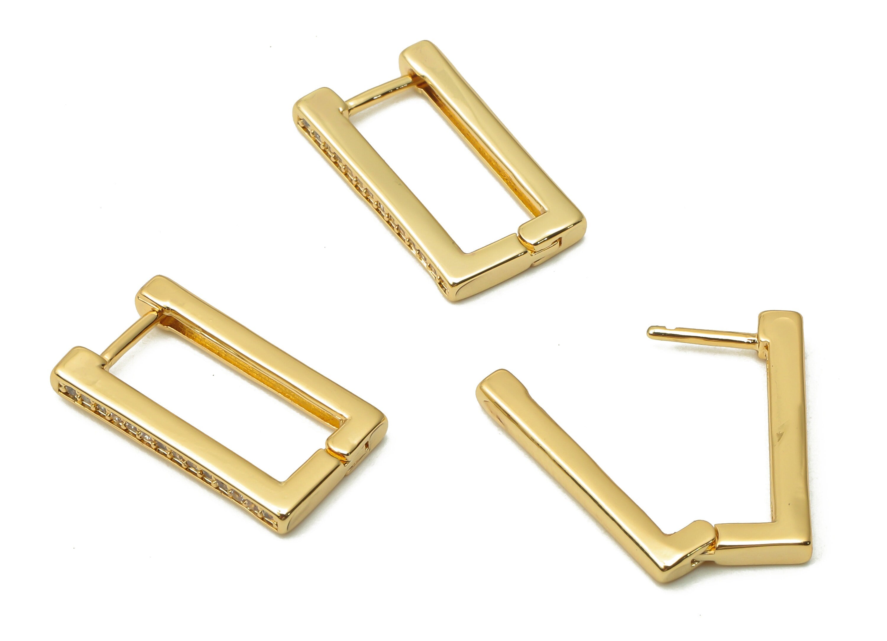 Brass Rectangle Earrings With Zircon - Brass Earrings Clasps -Rectangle Clasps - 18K Real Gold Tone Plated - 16.81x9.5x2.19mm - RGP4738 - DOMEDBAZAAR
