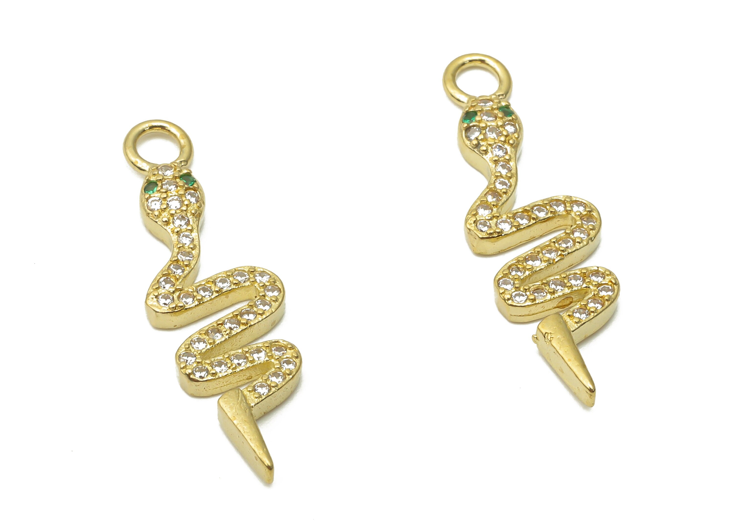 Brass Snake Earring Charms - Raw Brass Snake Pendant with Zircons - Raw Brass Green Eye Snake Necklace - 26.25x8.08x2.28mm - PP7665 - DOMEDBAZAAR