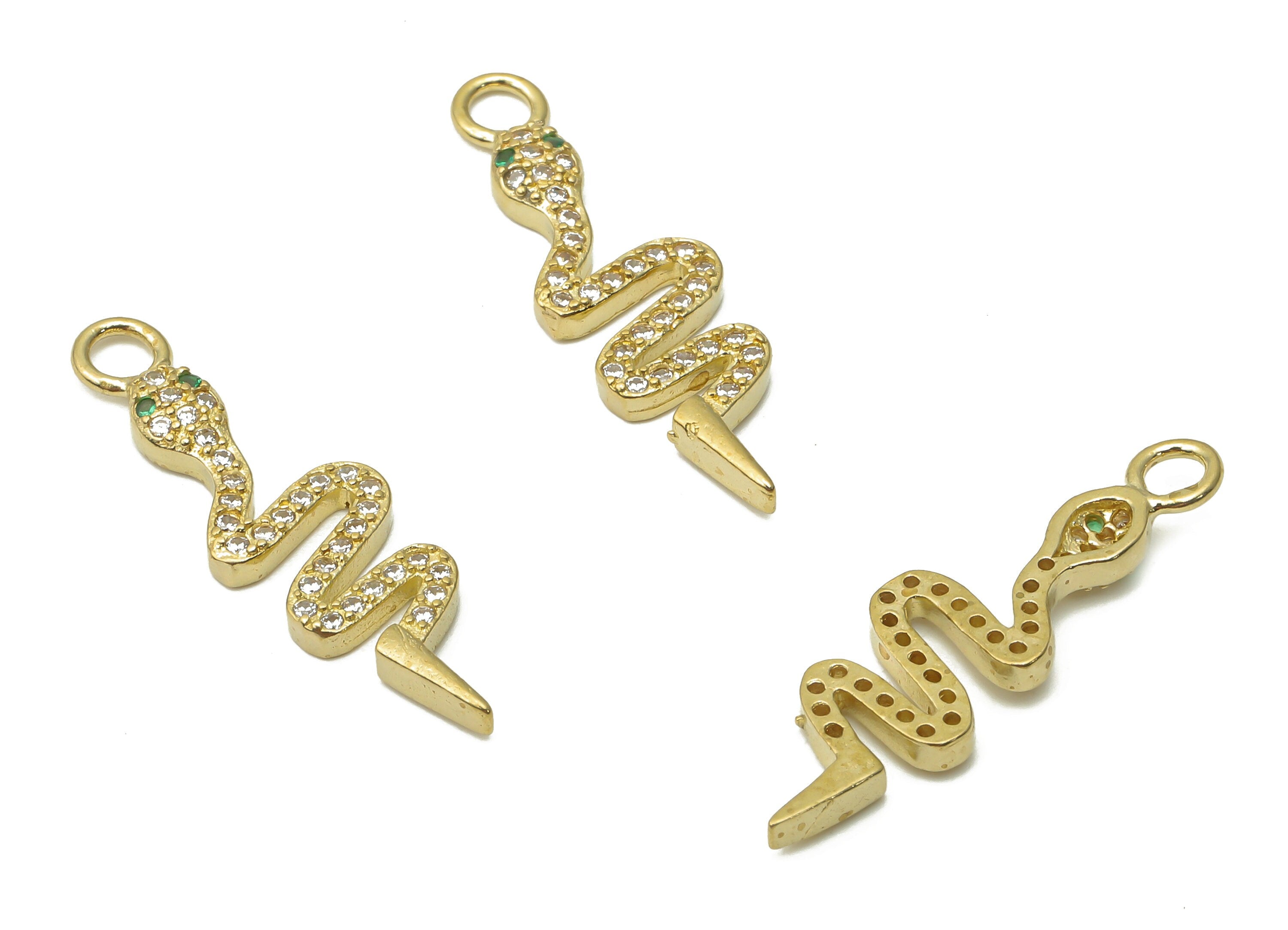 Brass Snake Earring Charms - Raw Brass Snake Pendant with Zircons - Raw Brass Green Eye Snake Necklace - 26.25x8.08x2.28mm - PP7665 - DOMEDBAZAAR