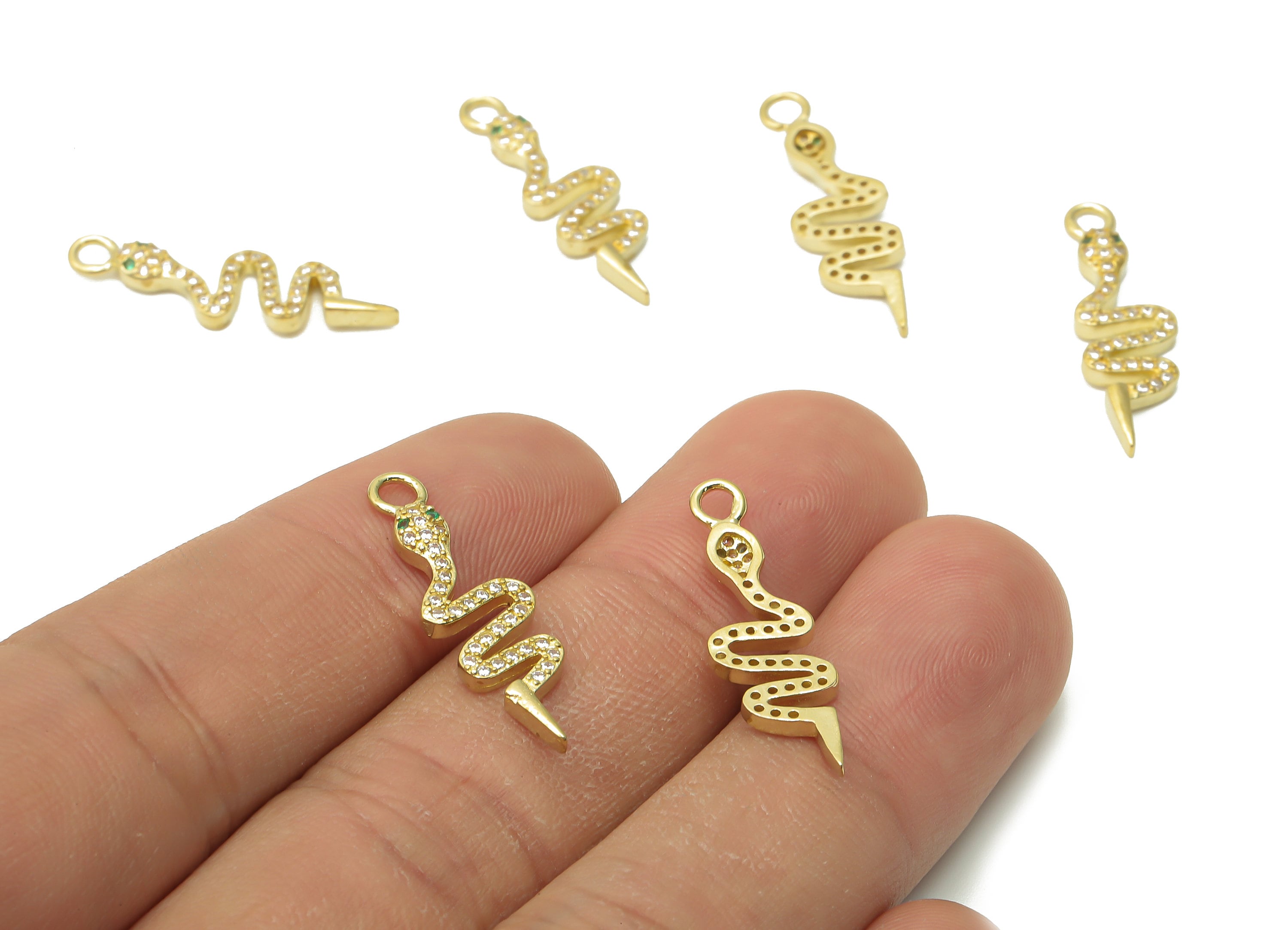 Brass Snake Earring Charms - Raw Brass Snake Pendant with Zircons - Raw Brass Green Eye Snake Necklace - 26.25x8.08x2.28mm - PP7665 - DOMEDBAZAAR