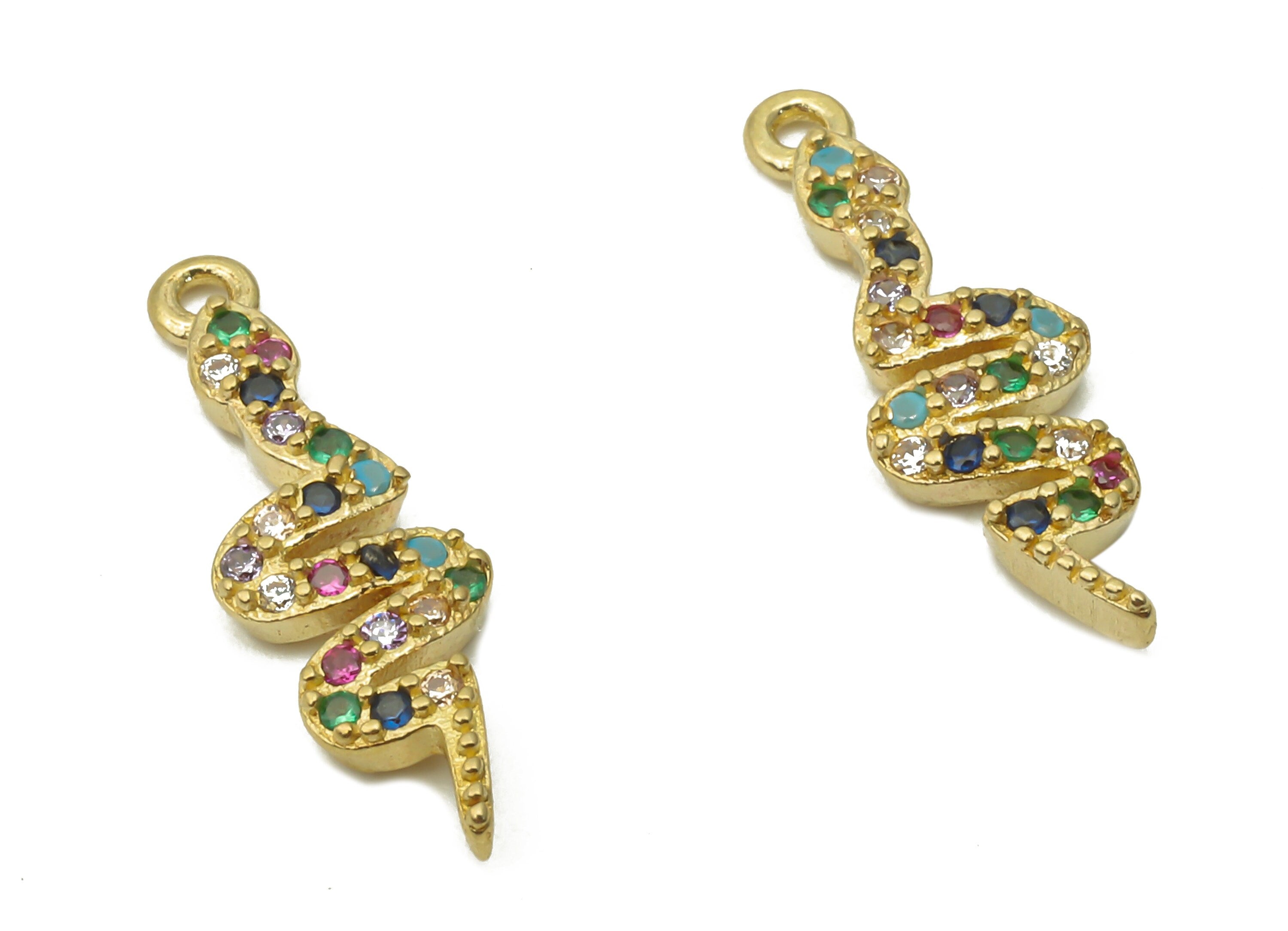 Brass Snake Earring Charms - Raw Brass Rainbow Snake Pendant with Zircons - Brass Snake Necklace - Earring Charm - 17.9x5.6x1.7mm - PP7666 - DOMEDBAZAAR