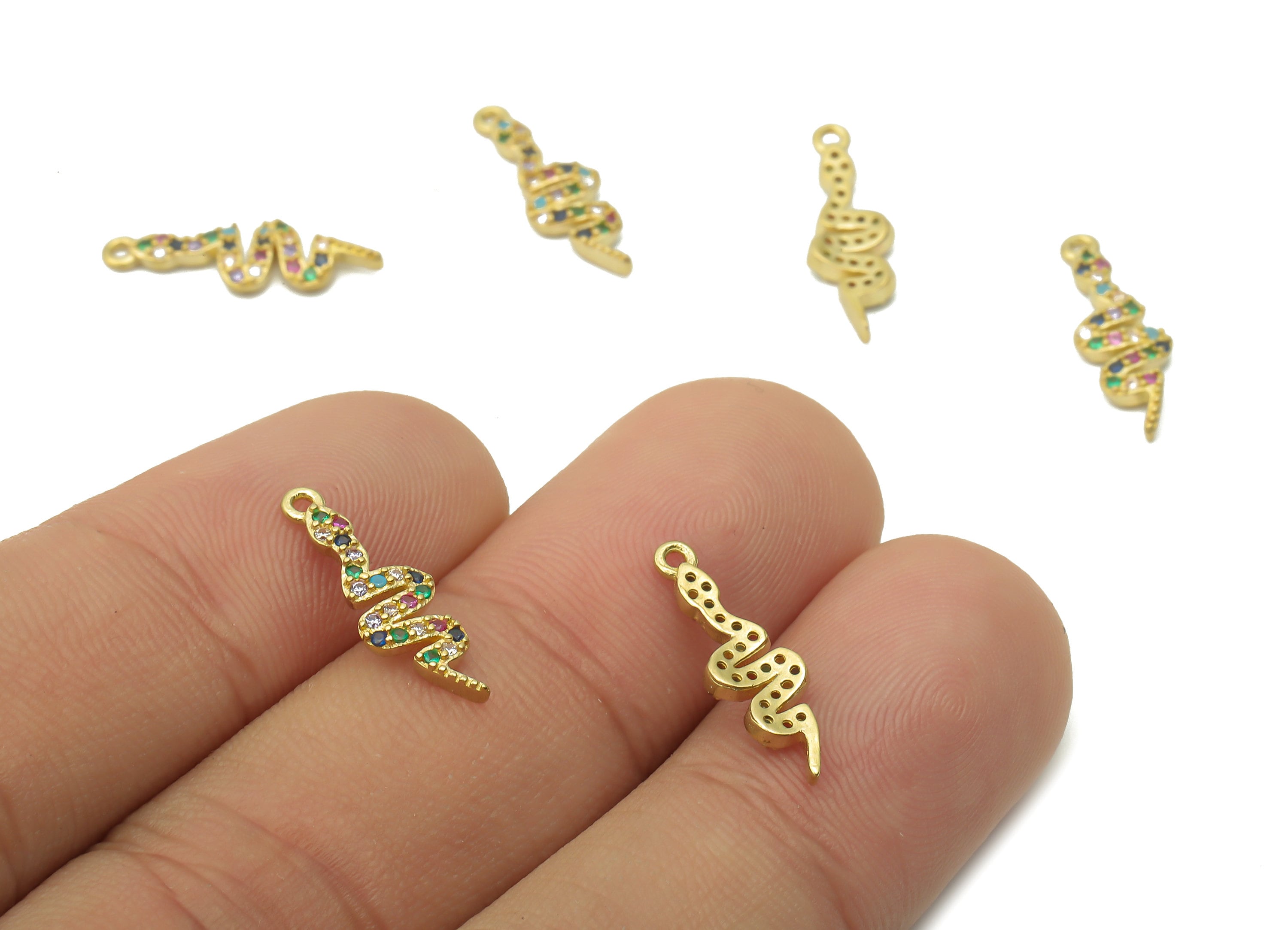 Brass Snake Earring Charms - Raw Brass Rainbow Snake Pendant with Zircons - Brass Snake Necklace - Earring Charm - 17.9x5.6x1.7mm - PP7666 - DOMEDBAZAAR