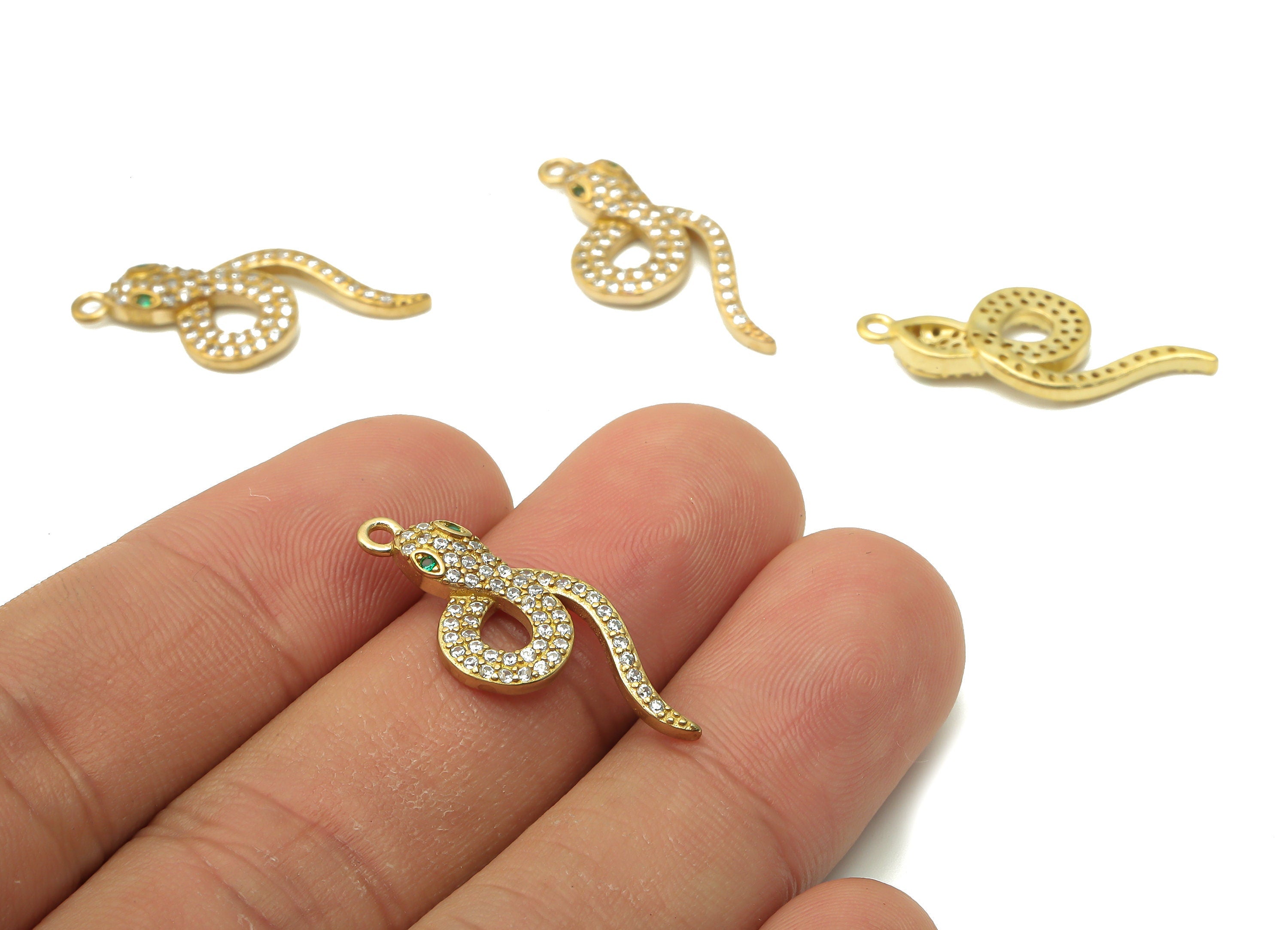 Brass Snake Earring Charms - Raw Brass Snake Pendant with Zircons - Brass Snake Necklace - Brass Earring Charm - 27.42x11.4x3 - PP7673 - DOMEDBAZAAR