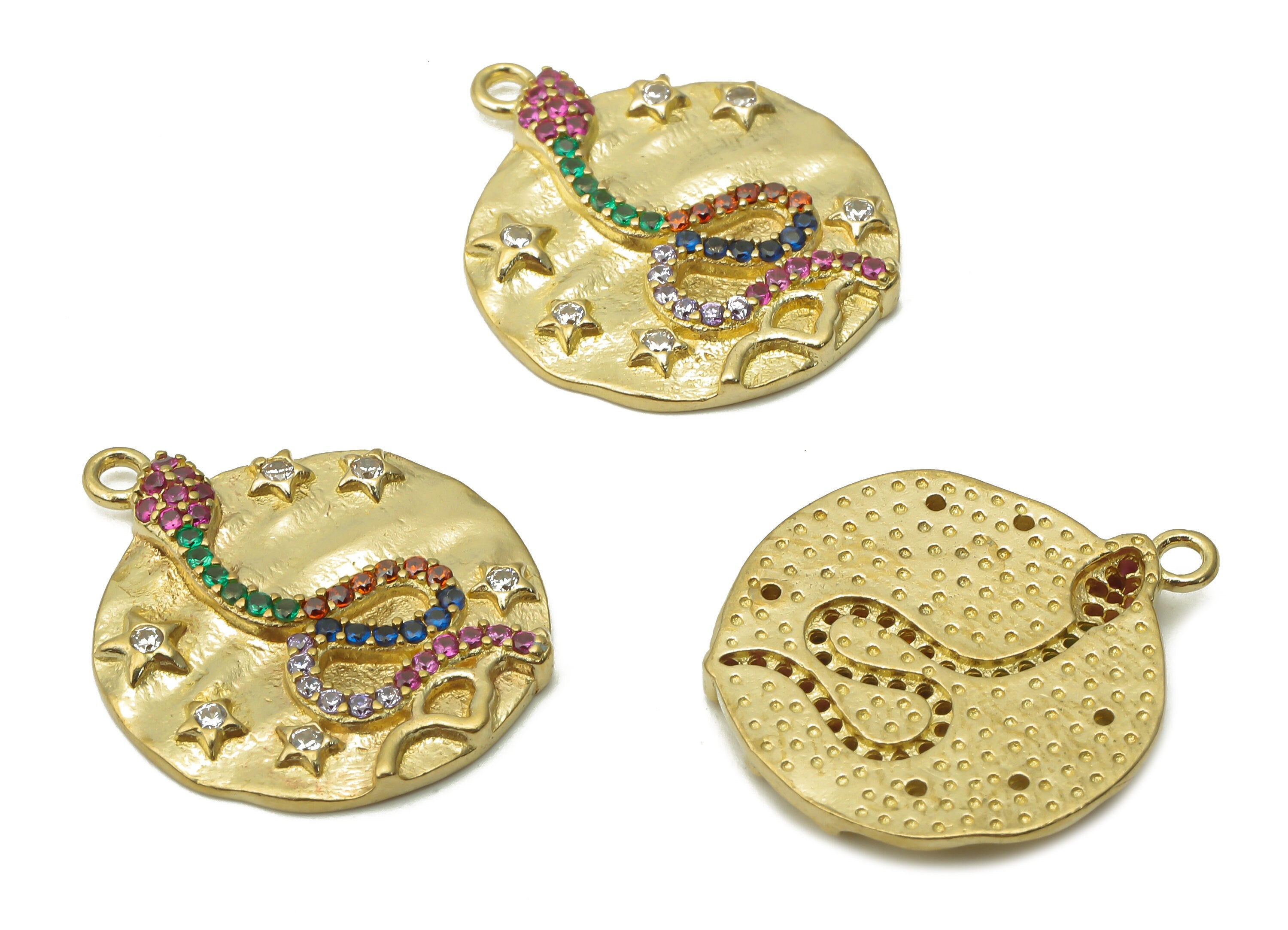 Brass Round Snake Earring Charms - Raw Brass Round Snake Star Pendant with Zircons - Brass Round Star Necklace - 21.8x18.61x2.46mm - PP7676 - DOMEDBAZAAR