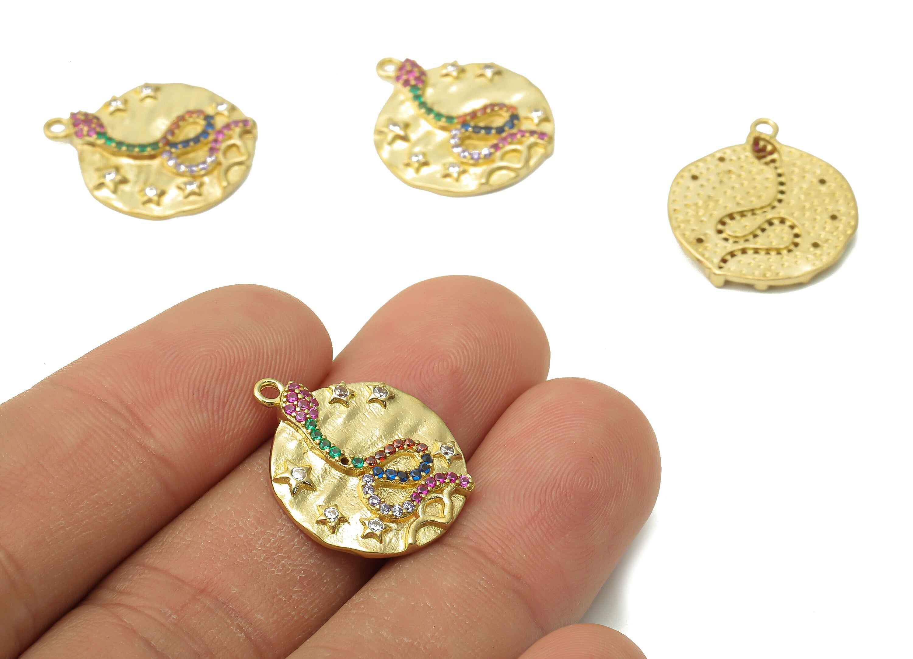 Brass Round Snake Earring Charms - Raw Brass Round Snake Star Pendant with Zircons - Brass Round Star Necklace - 21.8x18.61x2.46mm - PP7676 - DOMEDBAZAAR