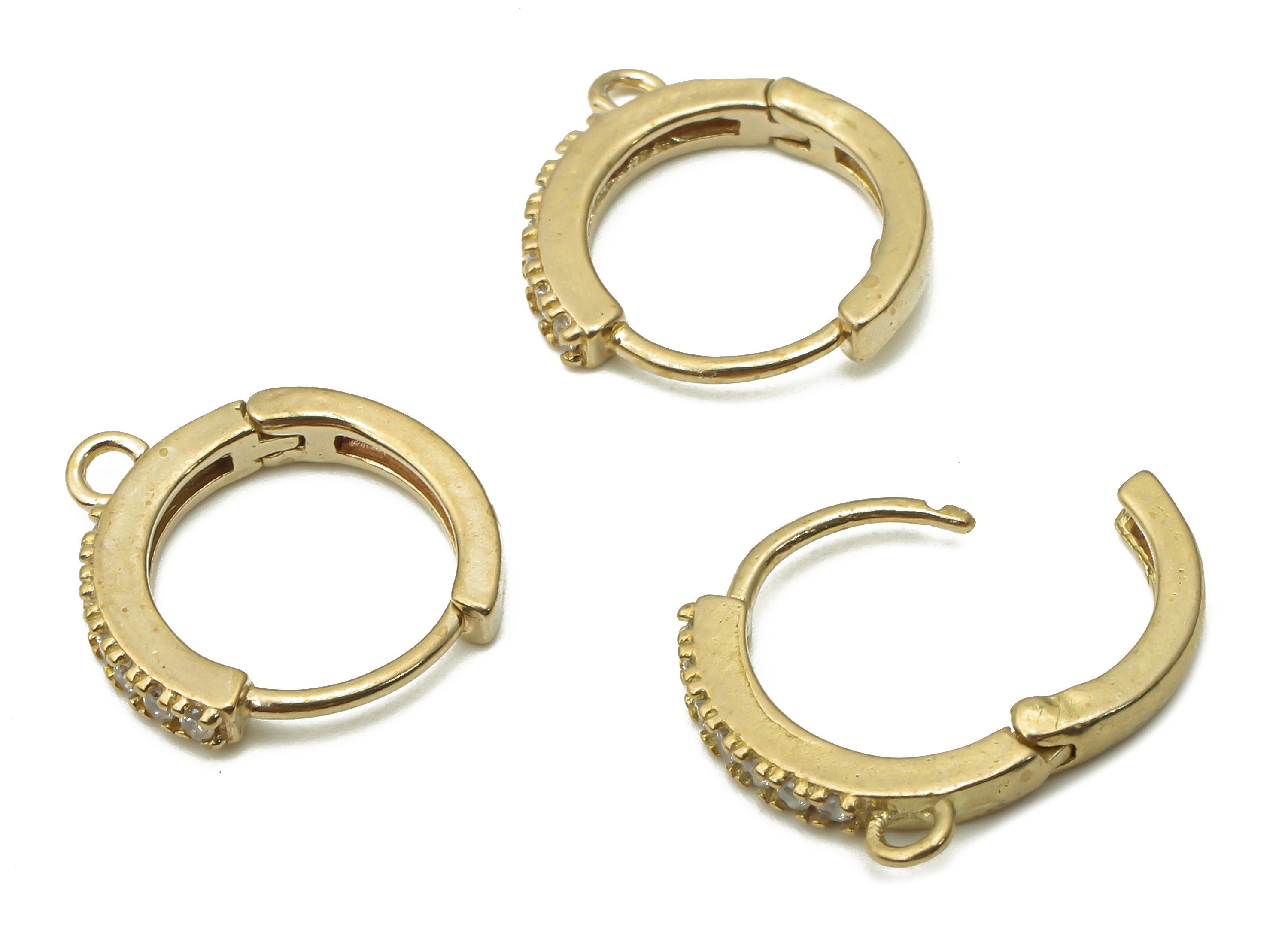 Brass Hoop Earring Charms - Raw Brass Huggie Hoop Earring With Zircon - Brass Round Hoop Earrings With Loop - 14.2x12.7x1.76mm - PP7684 - DOMEDBAZAAR