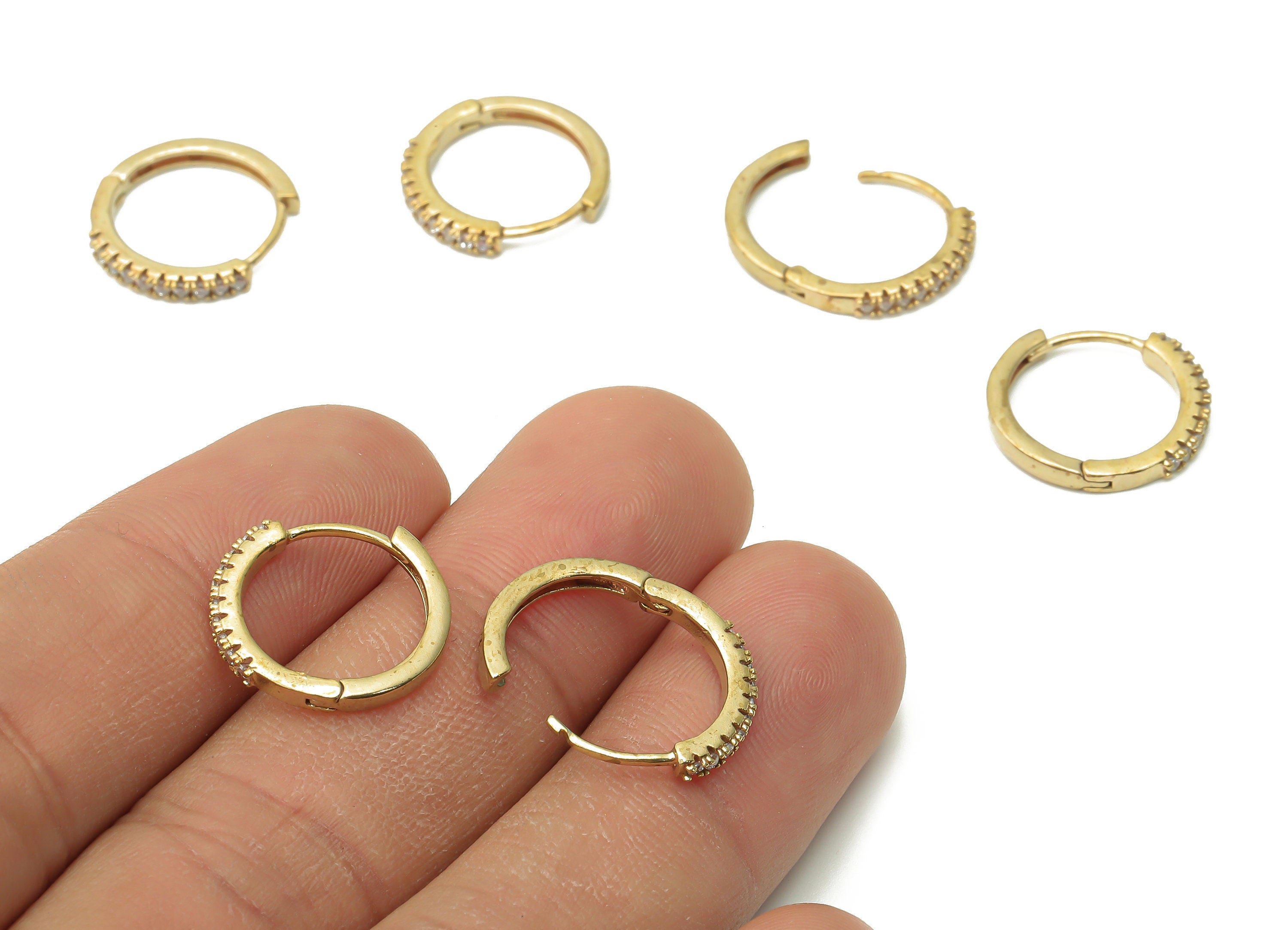 Brass Hoop Earrings - Raw Brass Huggie Hoop Earring With Zircon - Brass Round Huggie Clasps - Brass Circle Clasp - 15.8x15.8x2.04mm - PP7689 - DOMEDBAZAAR