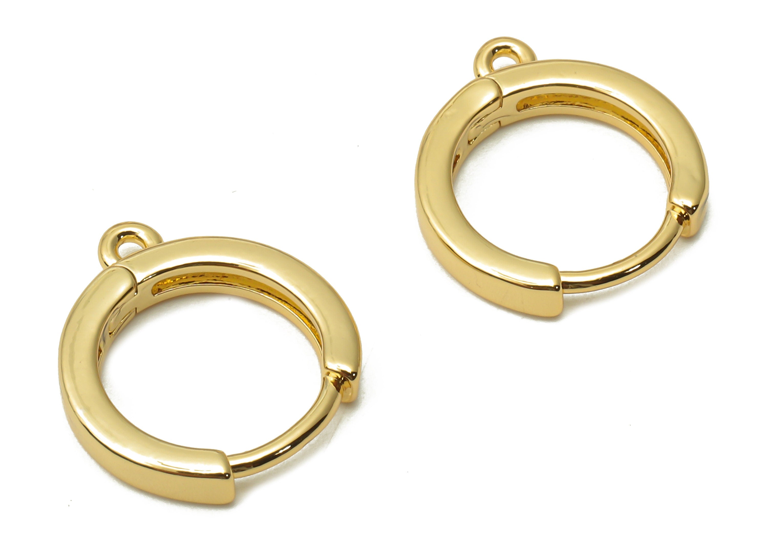 Brass Round Hoop Earrings With Loop - Brass Round Huggie Clasps - Brass Earrings - 18K Real Gold Tone Plated - 14.86x13.43x2.54mm - RGP4743 - DOMEDBAZAAR