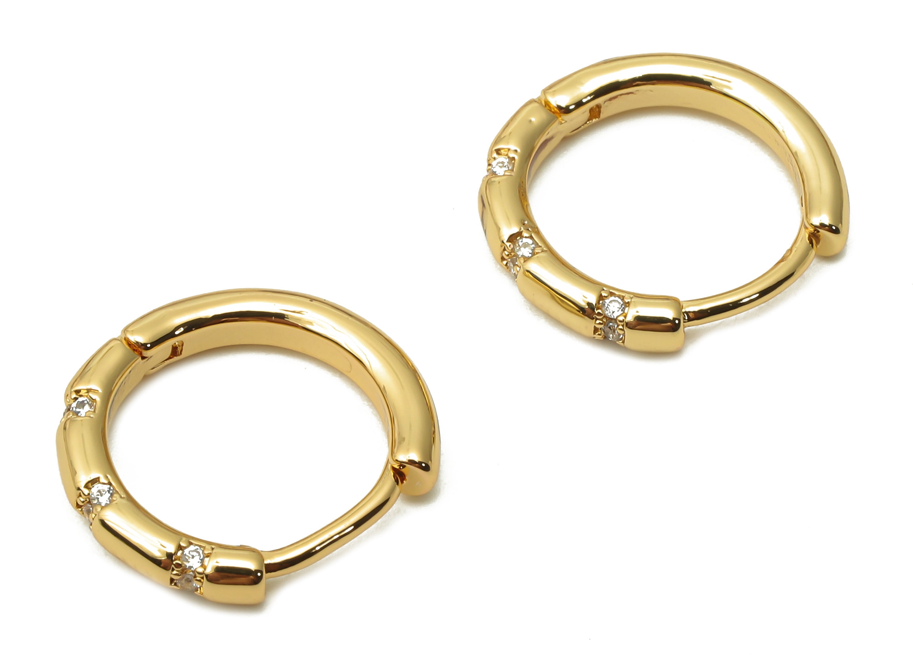Brass Round Earrings Clasps With Zircon - Brass Huggie Hoop Earrings - Brass Clasps - 18K Real Gold Tone Plated - 14.9x14.9x2.56mm - RGP4748 - DOMEDBAZAAR