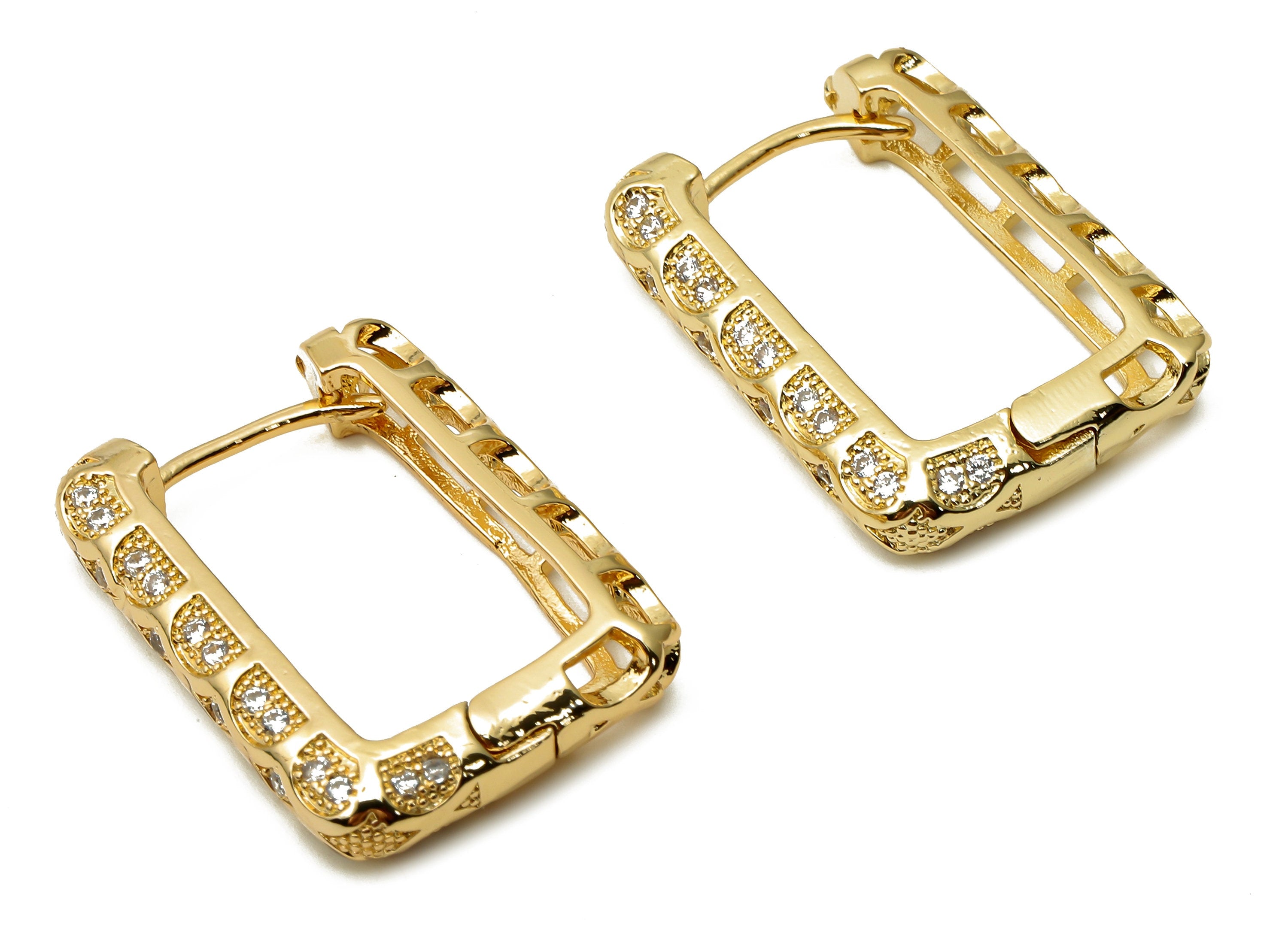 Brass Rectangle Earring with Zircon - Brass Textured Huggie Hoop Earrings - 18K Real Gold Plated Brass Hoops - 28.2x20.48x3.49mm - RGP4768 - DOMEDBAZAAR