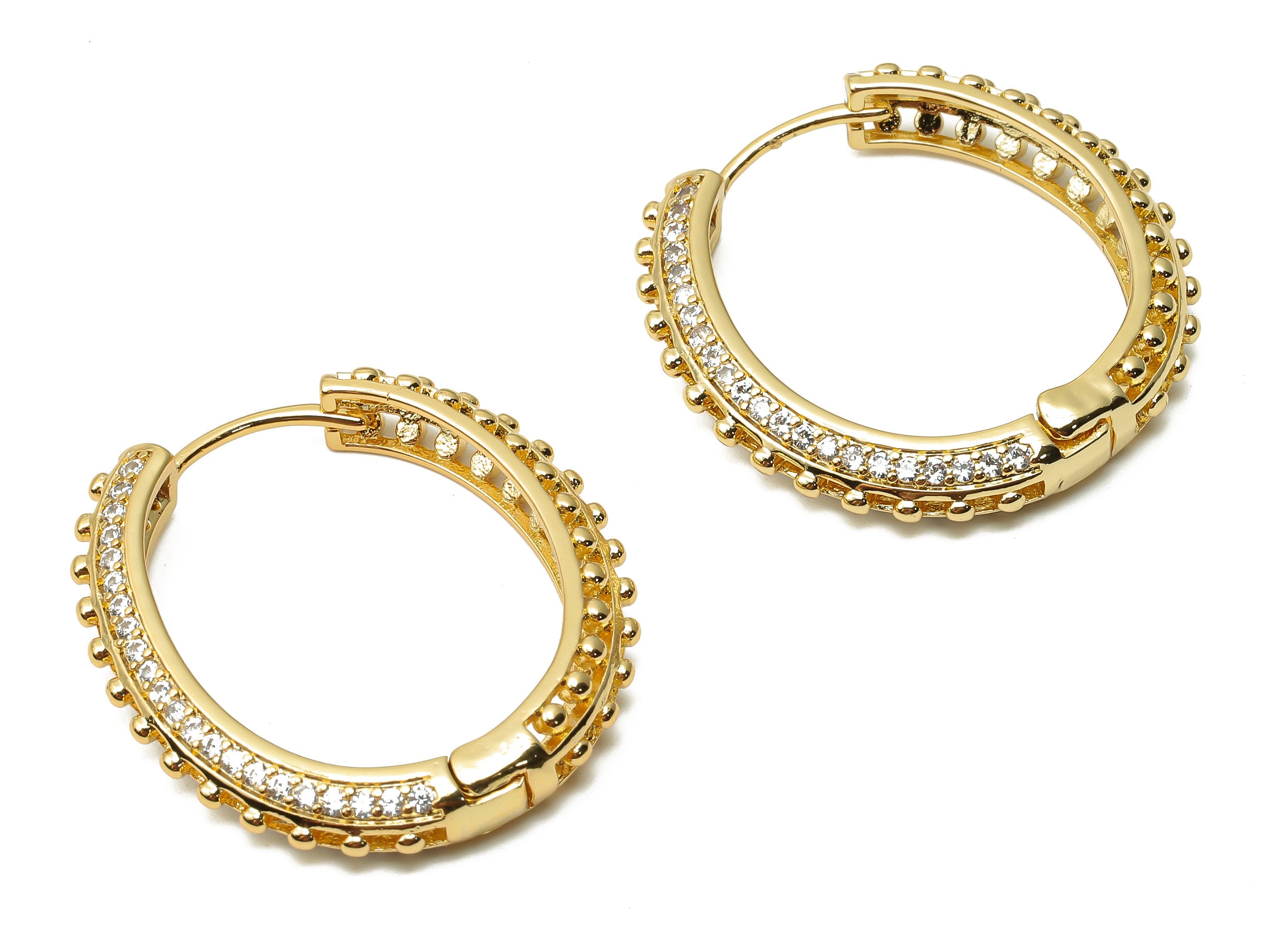 Brass Dot Textured Round Hoop Earring - Brass Circle Huggie Hoop with Zircon - 18K Real Gold Plated- 32.62X31.28X4.05mm- RGP4769 - DOMEDBAZAAR