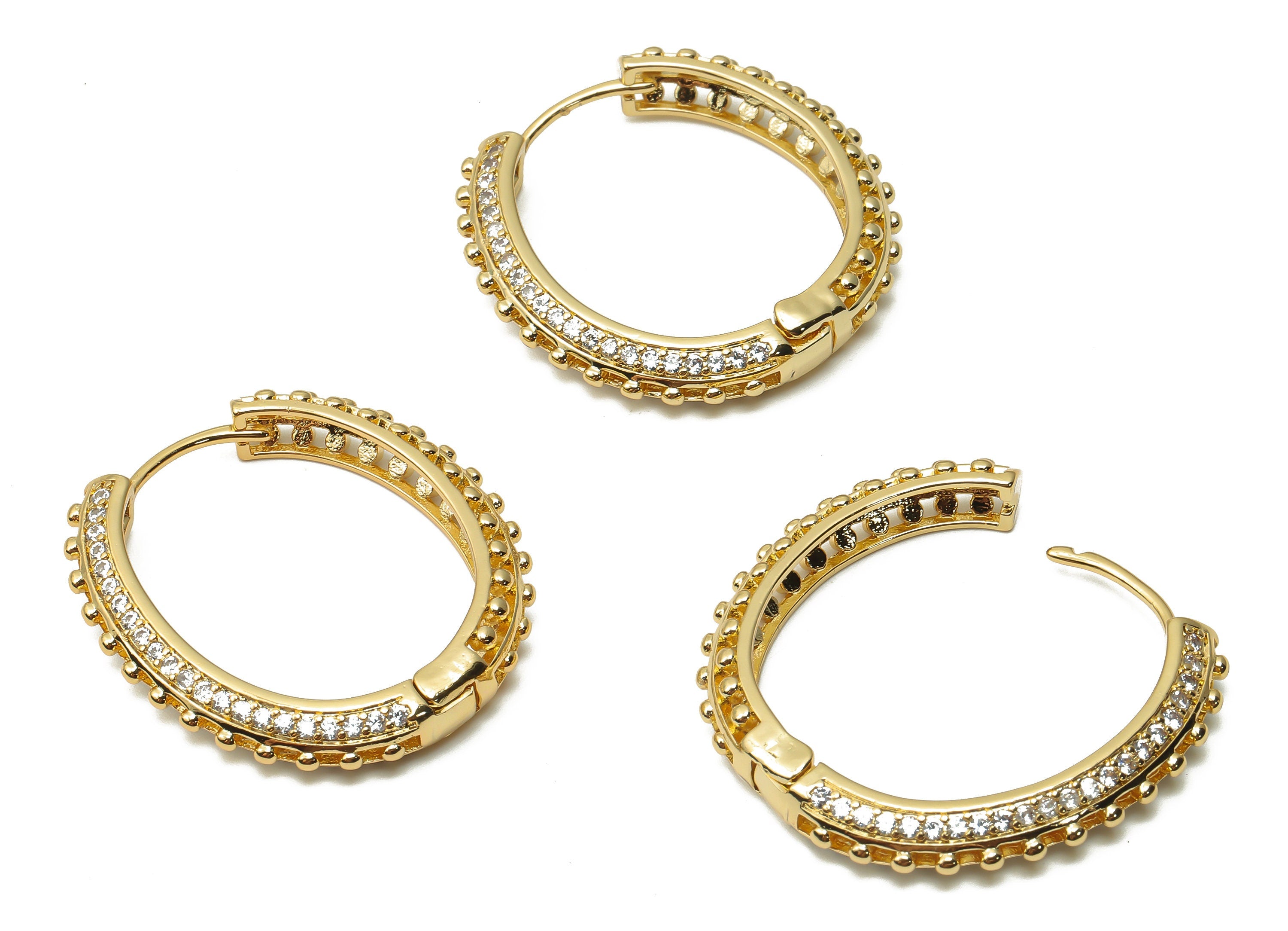 Brass Dot Textured Round Hoop Earring - Brass Circle Huggie Hoop with Zircon - 18K Real Gold Plated- 32.62X31.28X4.05mm- RGP4769 - DOMEDBAZAAR