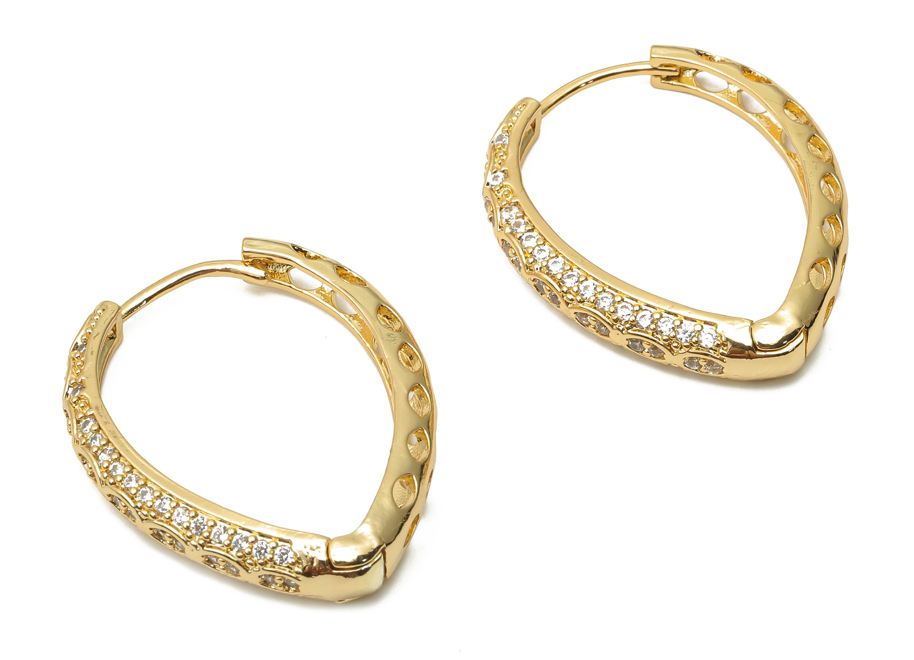 Brass Drop Huggie Hoops Earrings with Zircon - Brass Textured Drop Hoop - 18K Real Gold Plated  - 33.37x26.85x4.52mm - RGP4772 - DOMEDBAZAAR