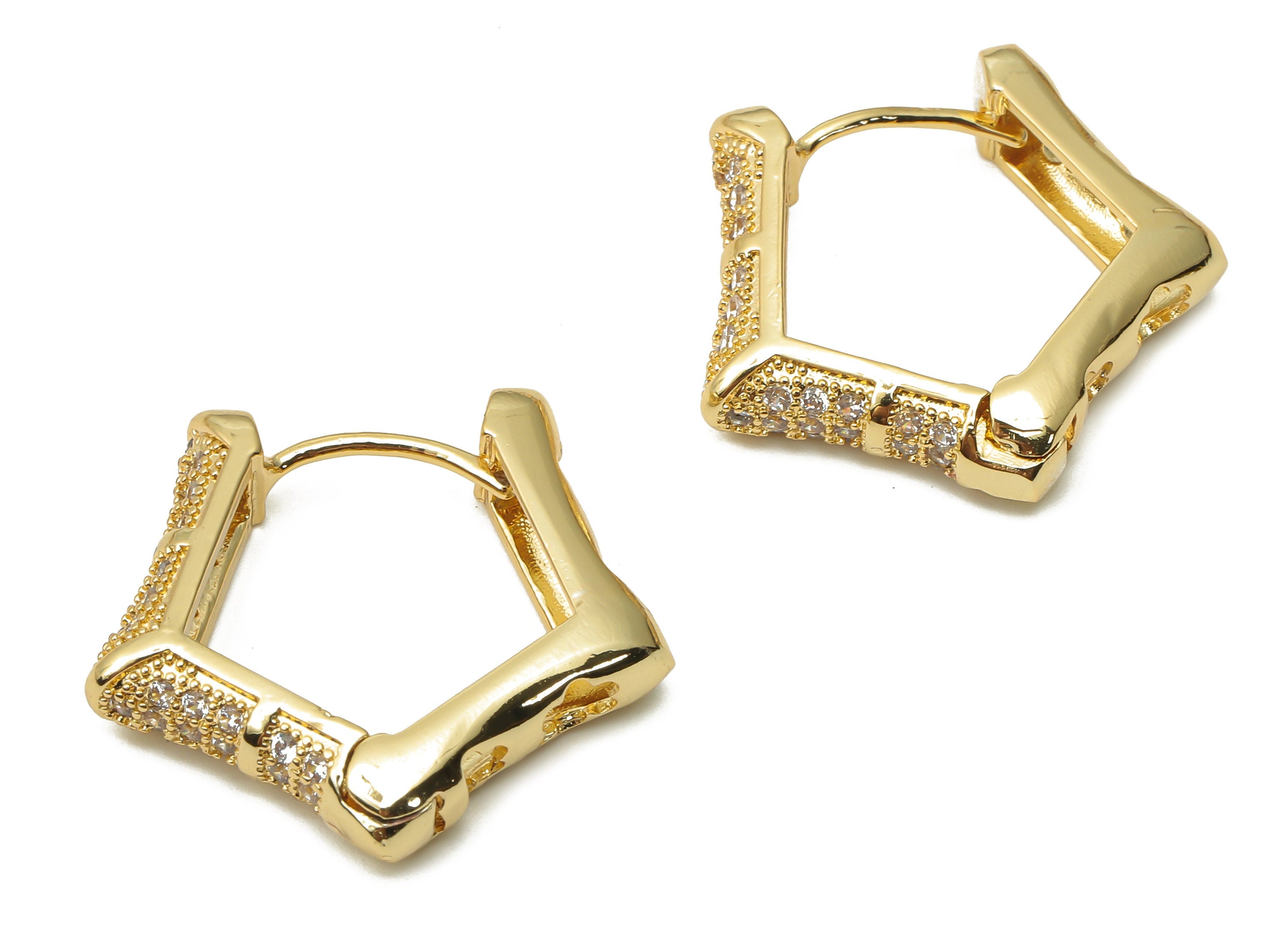 Brass Curved Pentagon Huggie Hoop with Zircon - Raw Brass Textured Thick Hoop Earrings- 18K Real Gold Plated - 25.34x24.42x5.26mm - RGP4773 - DOMEDBAZAAR