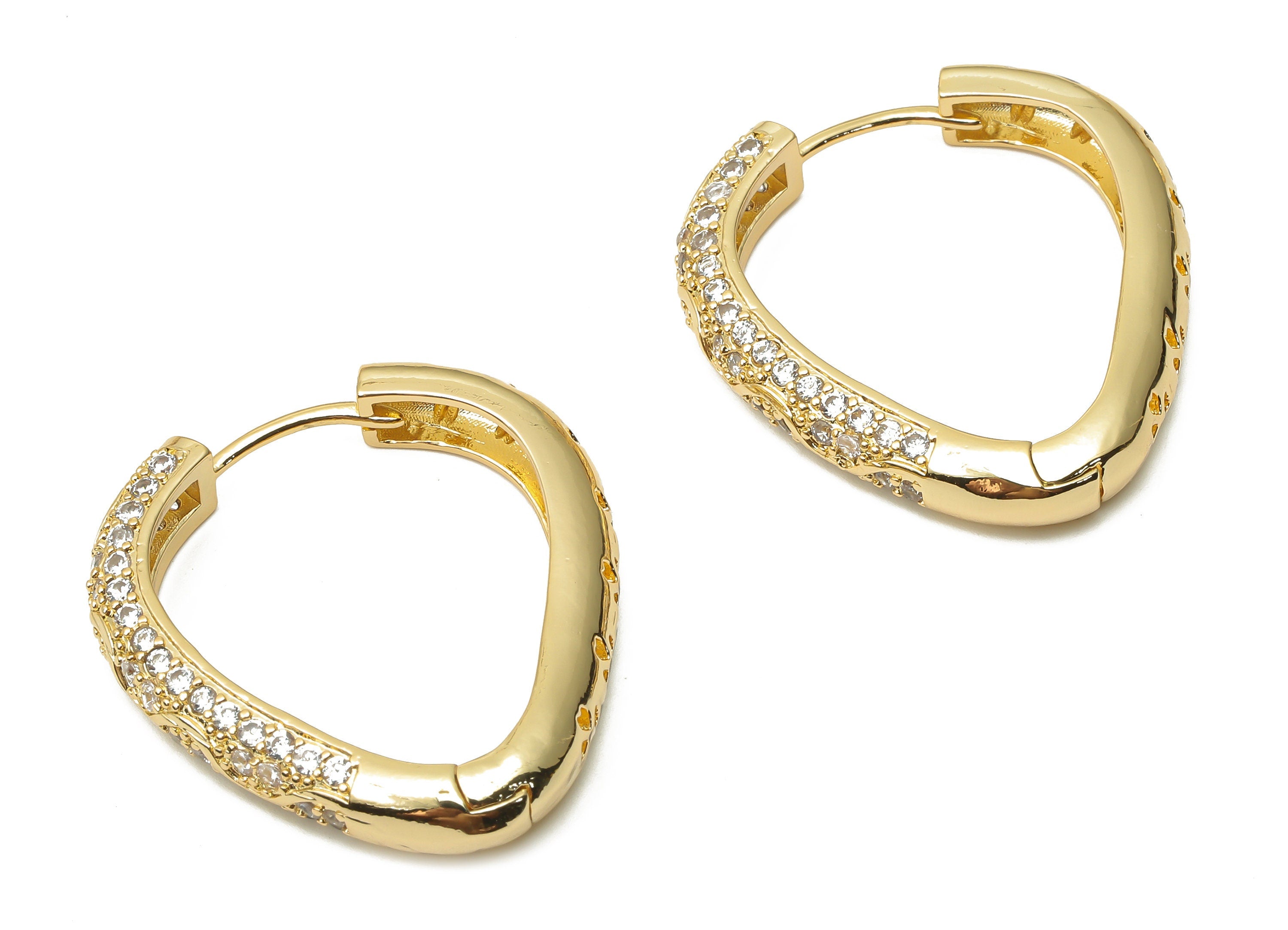 Brass Drop Huggie Hoop Earrings with Zircon - Textured Eyedrop Huggie Hoop Earrings- 18K Real Gold Plated Brass - 34.08x30.3x5.1mm - RGP4774 - DOMEDBAZAAR
