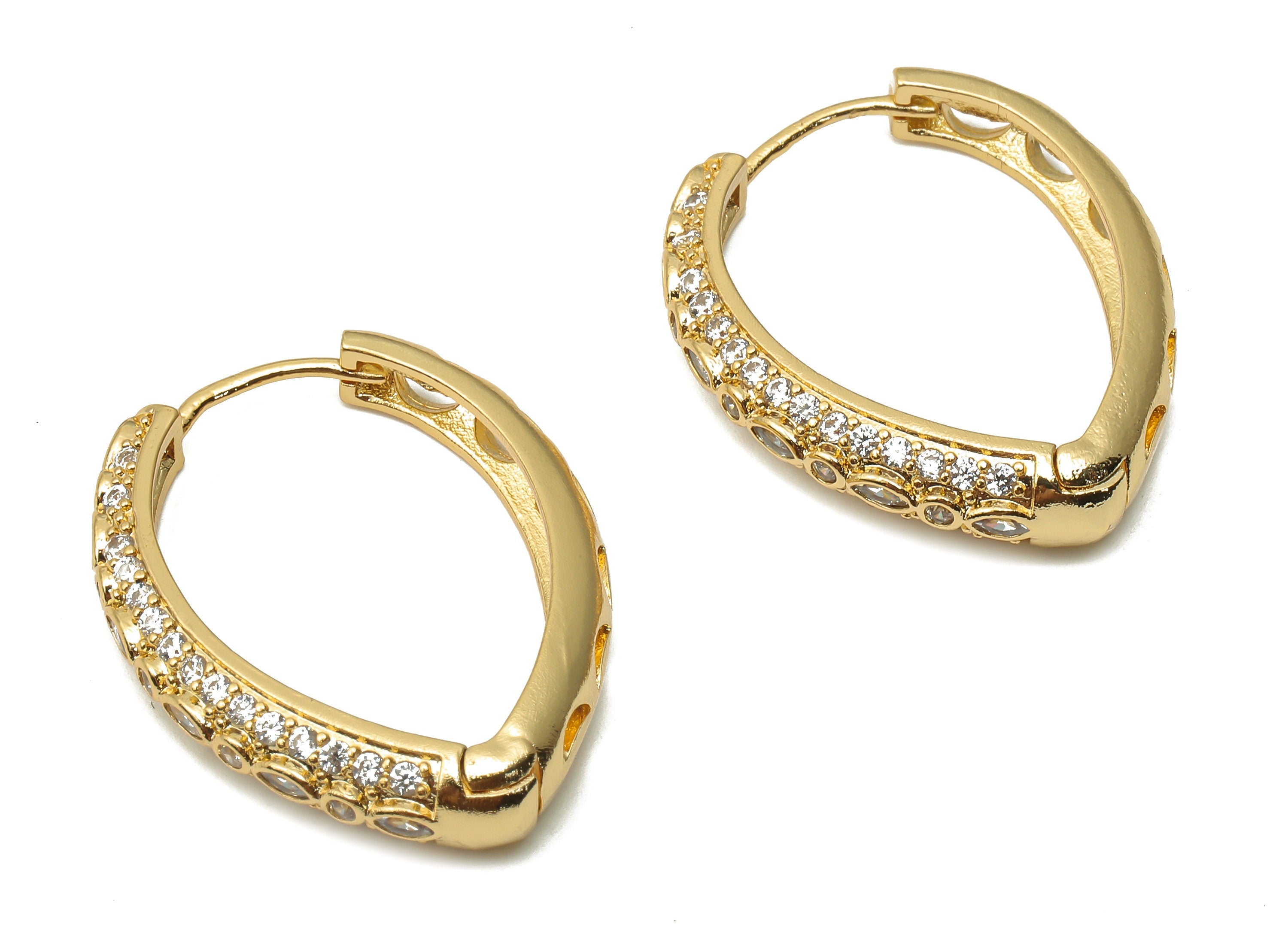 Brass Drop Huggie Hoops Earrings with Zircon - Raw BrassTextured Eyedrop Hoop - 18K Real Gold Plated Brass - 29.06x23.53x5.18mm - RGP4777 - DOMEDBAZAAR