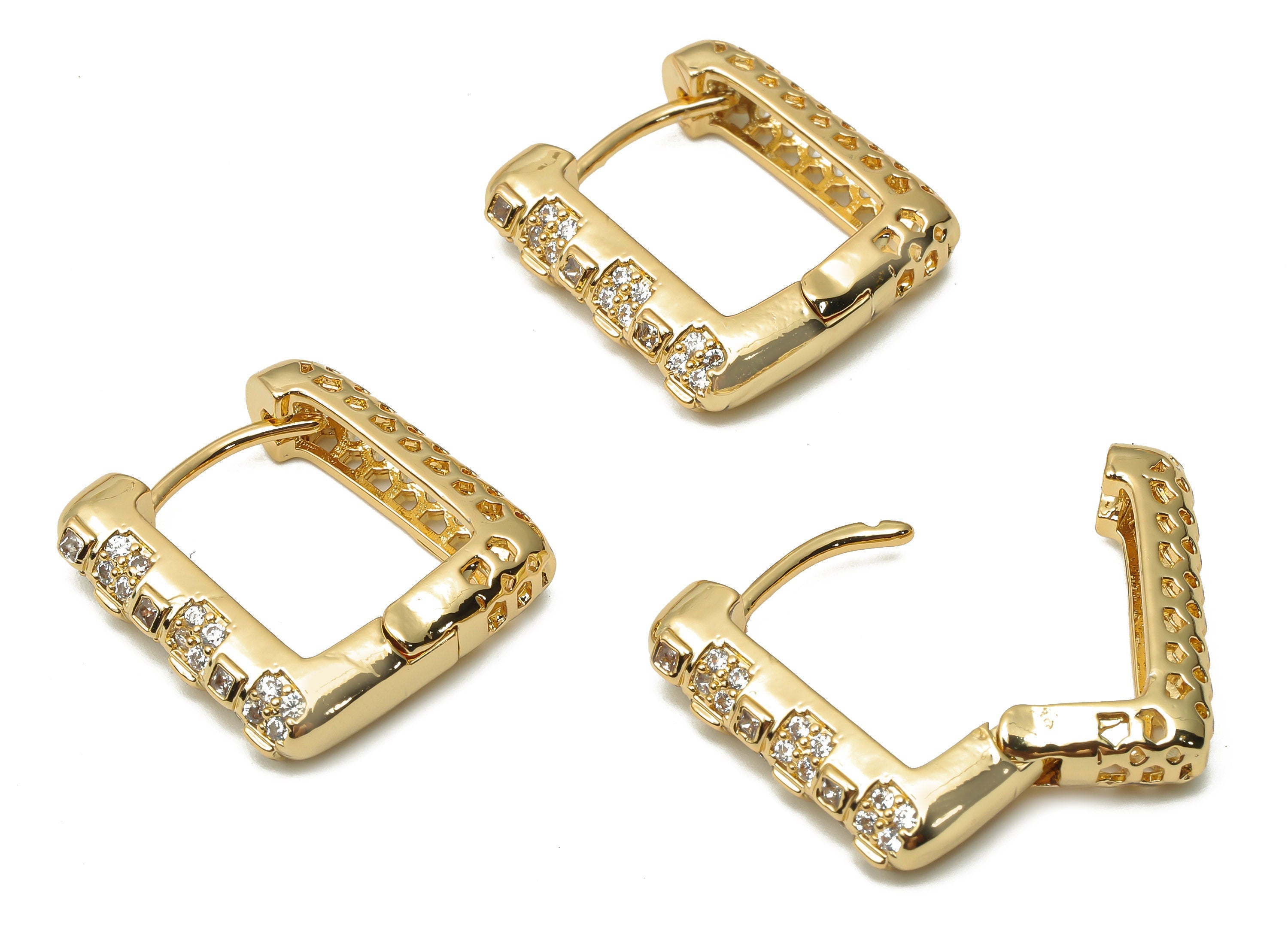 Brass Textured Square Hoop Earrings with Zircon -Brass Thick Huggie Hoop - 18K Real Gold Plated Brass Hoop - 22.5x20.88x5.3mm - RGP4779 - DOMEDBAZAAR