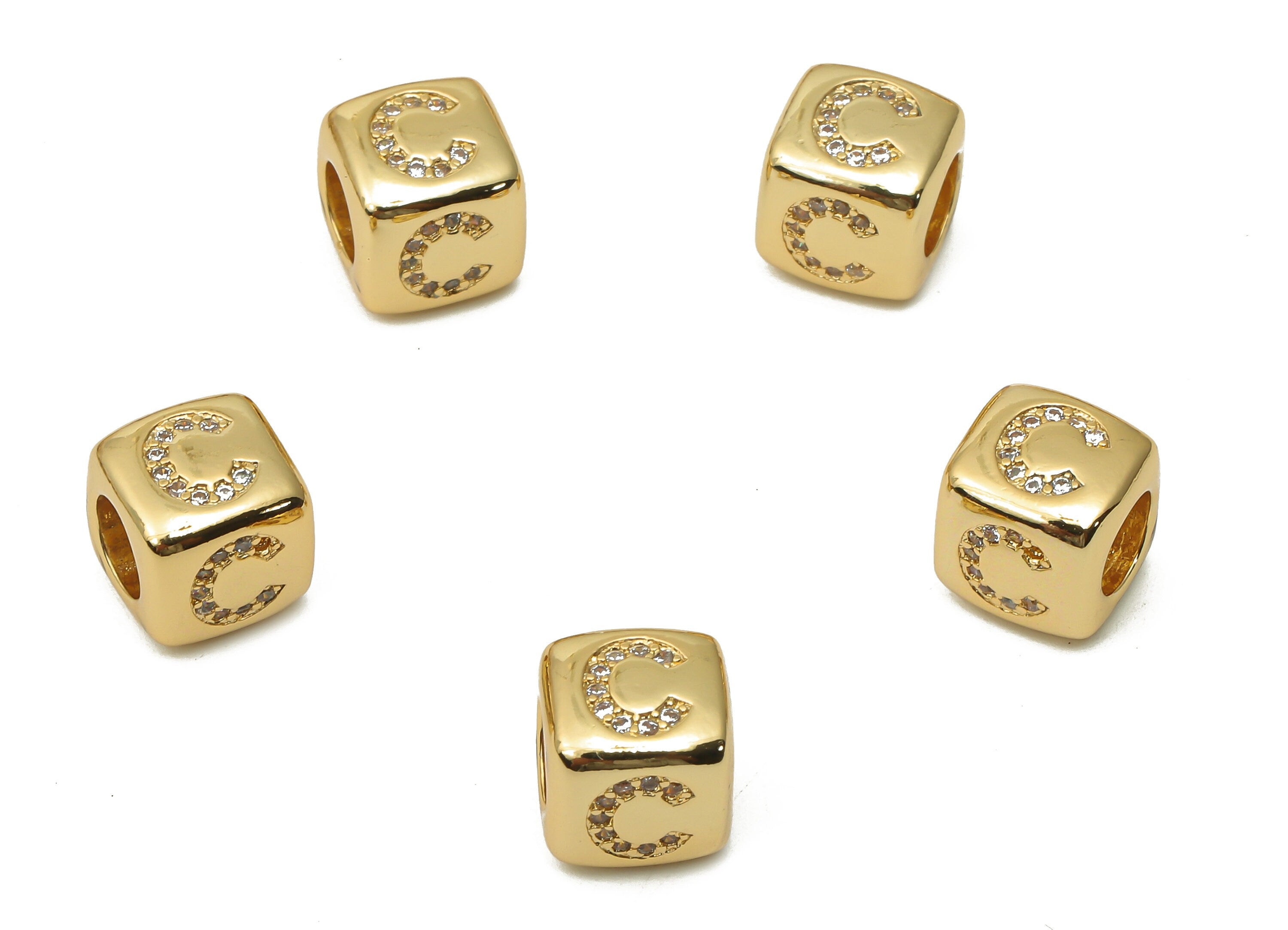 Alphabet Cube Bead C With Zircon - Brass Initial Letter Beads Bracelet- Beads Necklace - 18K Real Gold Plated - 8.63x8.63x8.46mm - RGP4782C - DOMEDBAZAAR