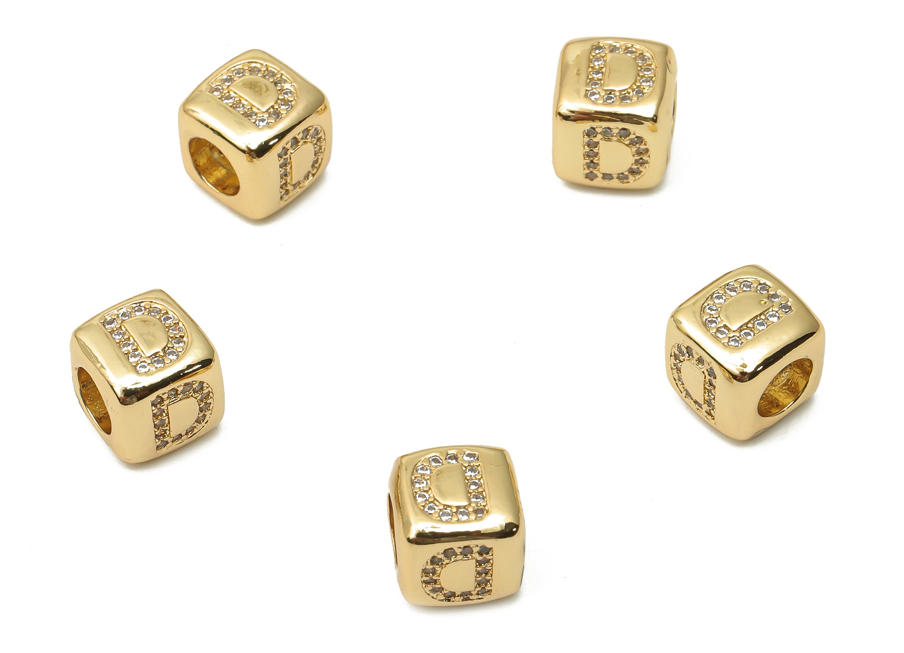 Alphabet Cube Bead D With Zircon - Brass Initial Letter D Beads Bracelet-Beads Necklace -18K Real Gold Plated - 8.63x8.63x8.46mm - RGP4782D - DOMEDBAZAAR