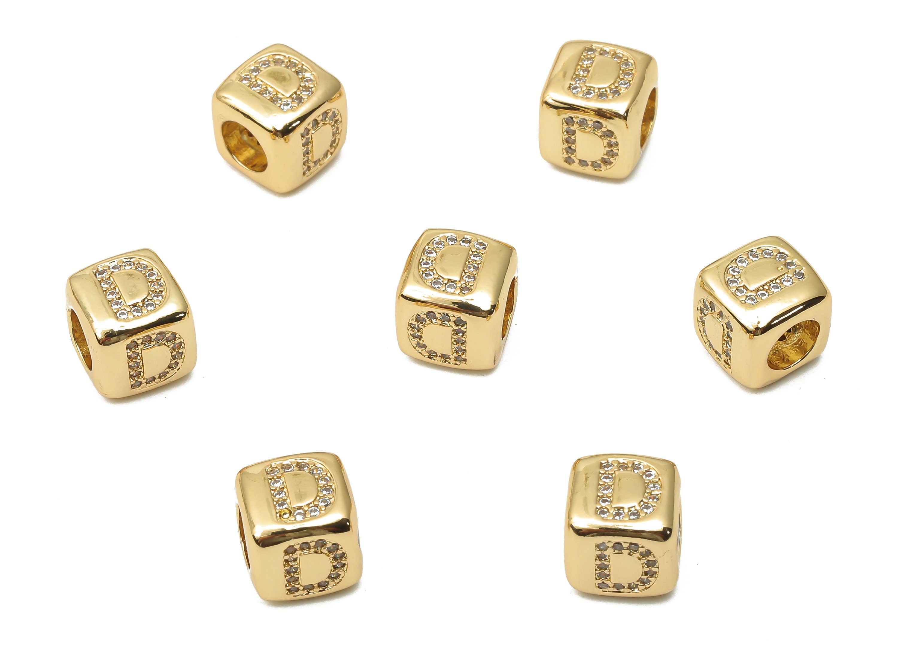 Alphabet Cube Bead D With Zircon - Brass Initial Letter D Beads Bracelet-Beads Necklace -18K Real Gold Plated - 8.63x8.63x8.46mm - RGP4782D - DOMEDBAZAAR