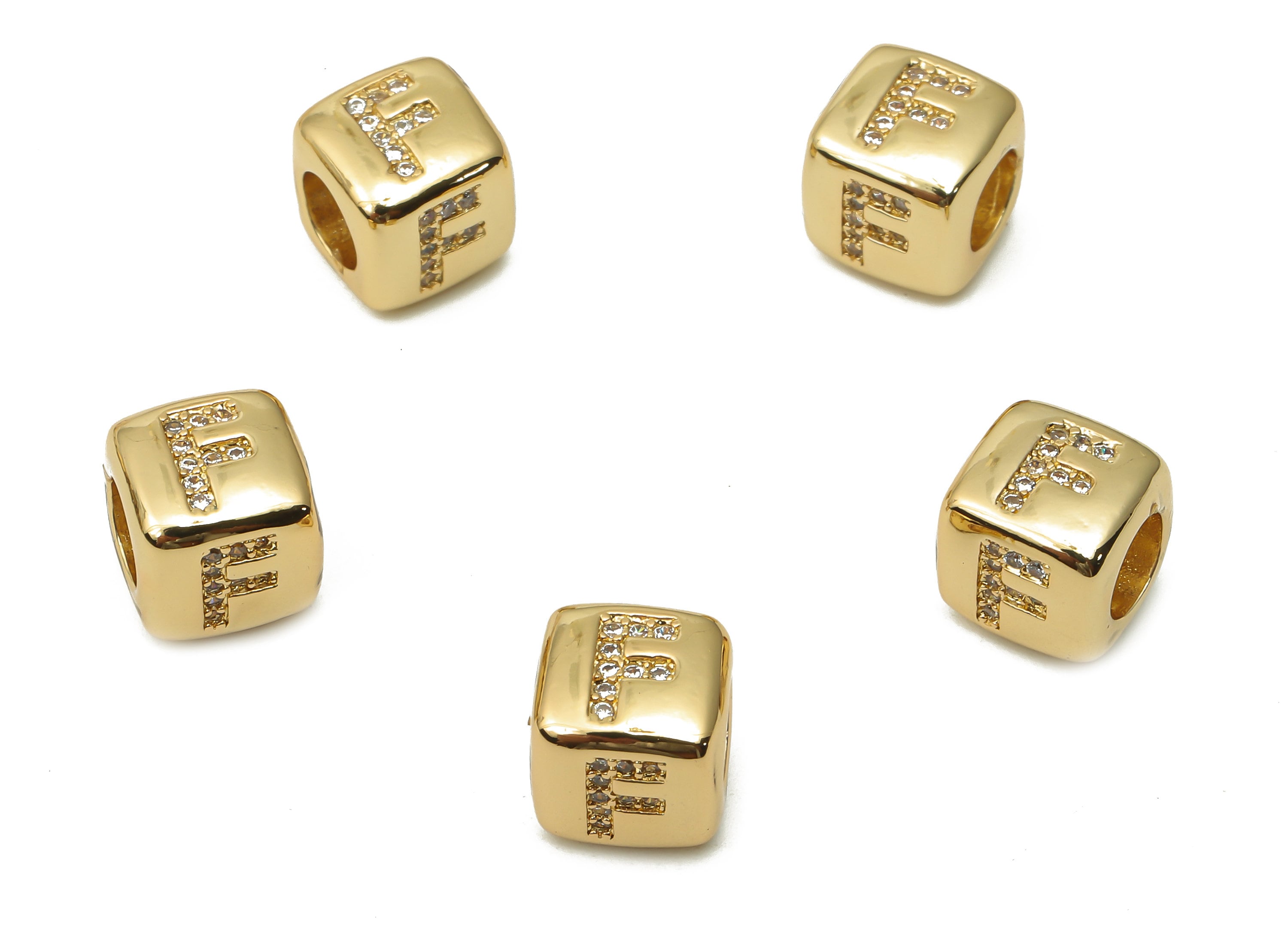 Alphabet Cube Bead F - Brass Initial Letter F - Zircon Beads Bracelet- Beads Necklace - 18K Real Gold Plated - 8.63x8.63x8.46mm - RGP4782F - DOMEDBAZAAR