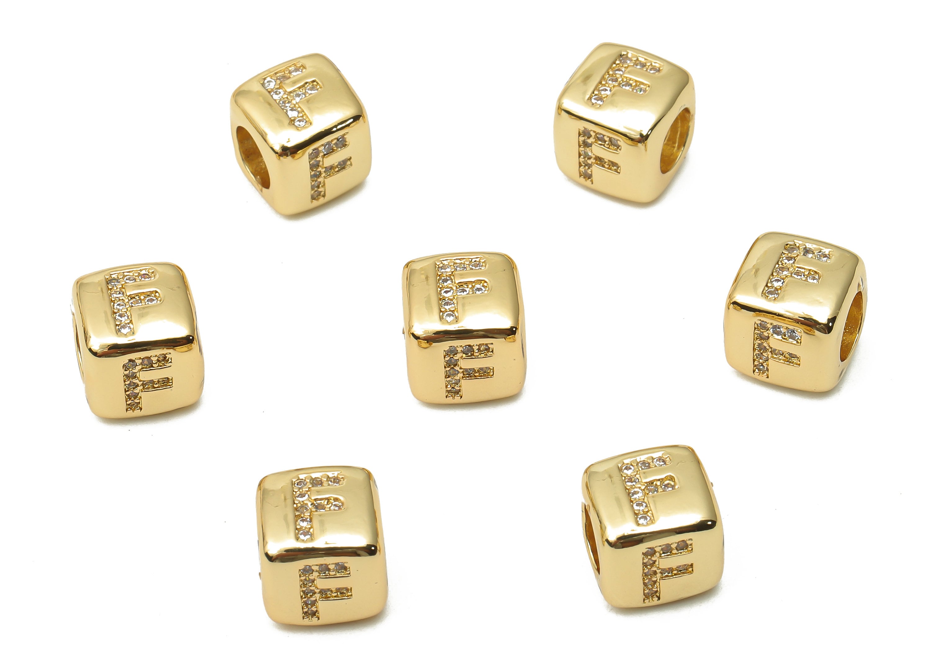 Alphabet Cube Bead F - Brass Initial Letter F - Zircon Beads Bracelet- Beads Necklace - 18K Real Gold Plated - 8.63x8.63x8.46mm - RGP4782F - DOMEDBAZAAR