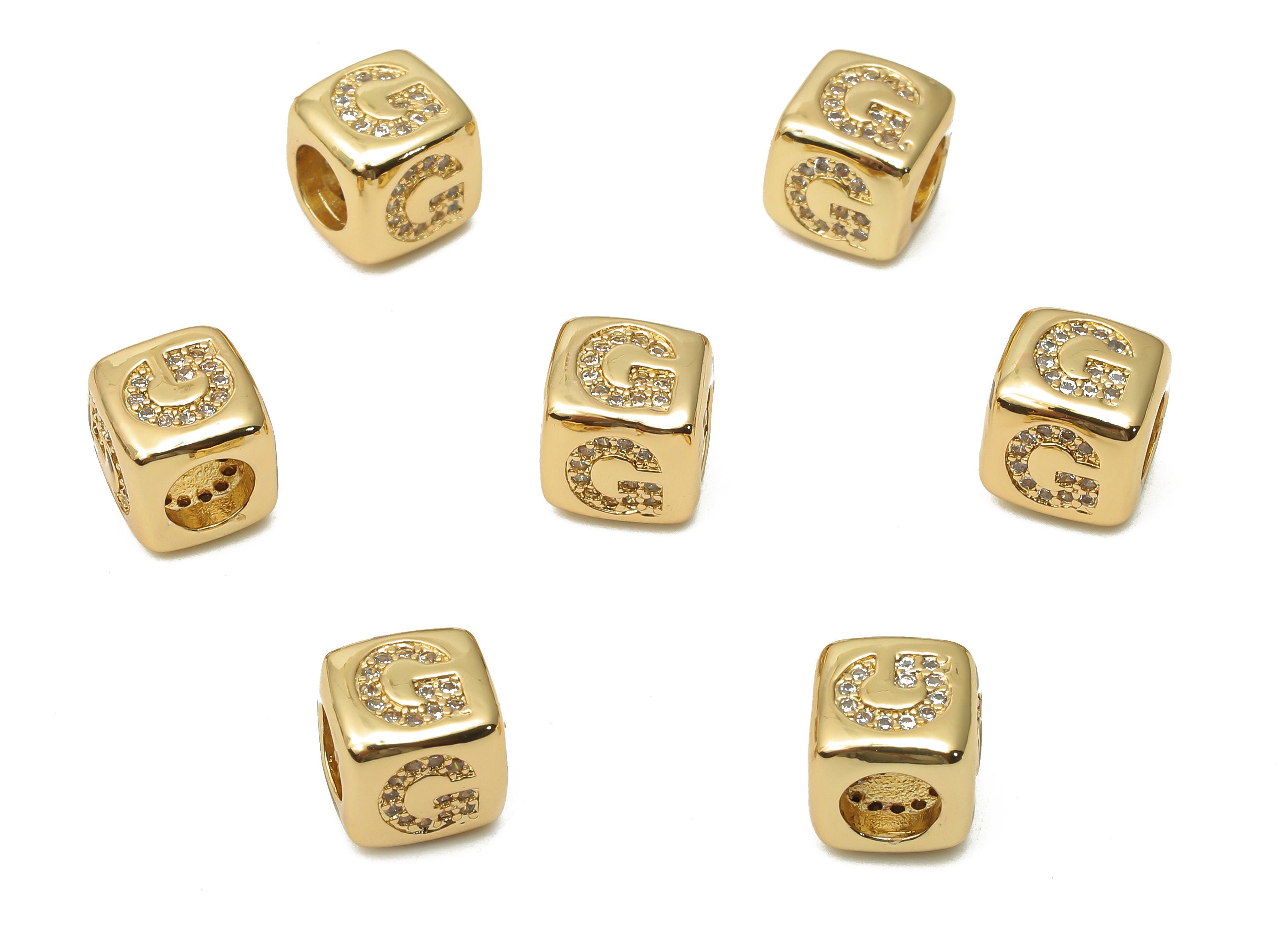Alphabet Cube Bead G With Zircon - Brass Initial Letter G Beads Bracelet- Bead Necklace - 18K Real Gold Plated - 8.63x8.63x8.46mm - RGP4782G - DOMEDBAZAAR
