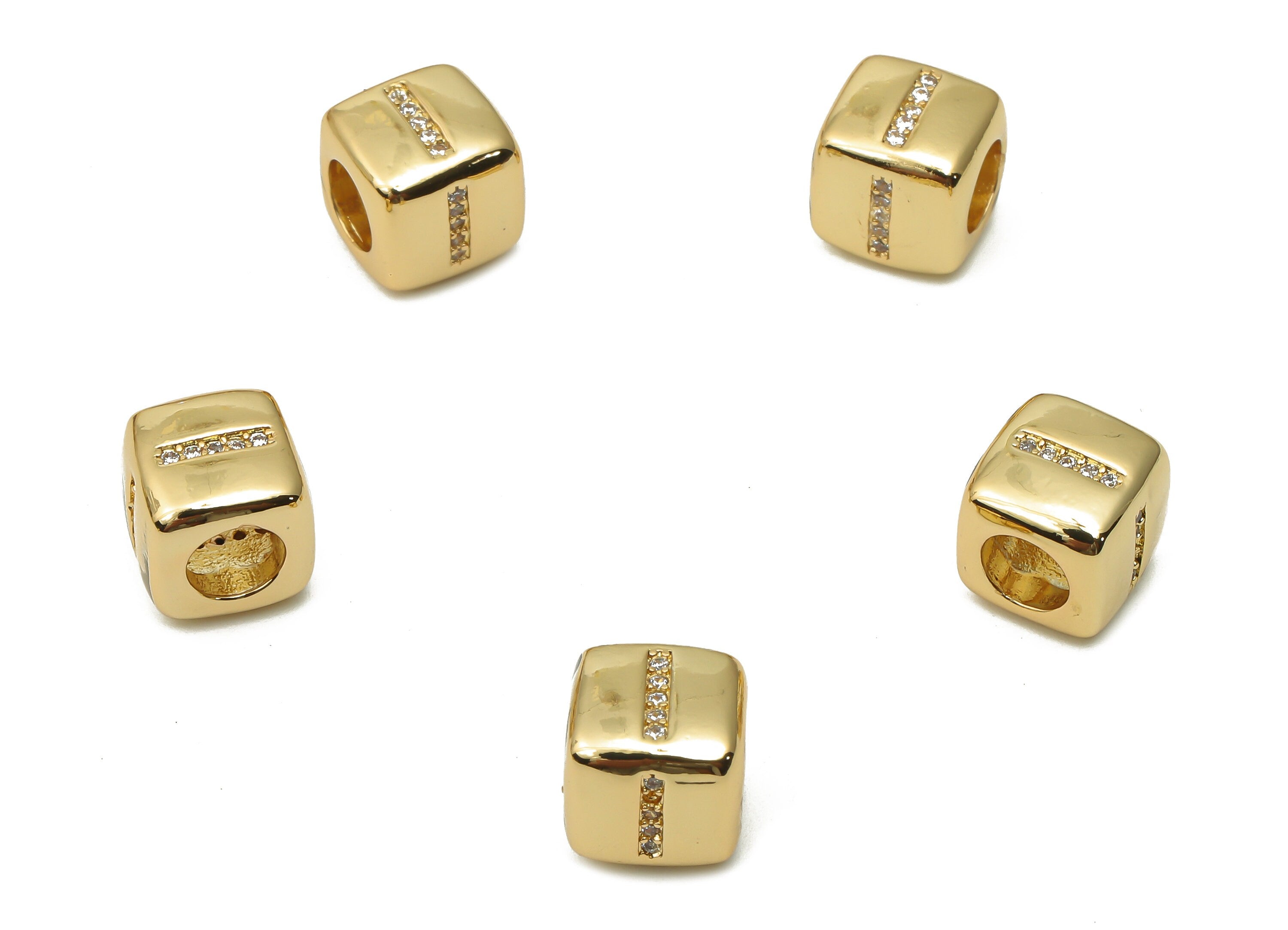 Alphabet Cube Initial Bead I With Zircon - Brass Beads Bracelet - Brass Beads Necklace -18K Real Gold Plated - 8.63x8.63x8.46mm - RGP4782I - DOMEDBAZAAR