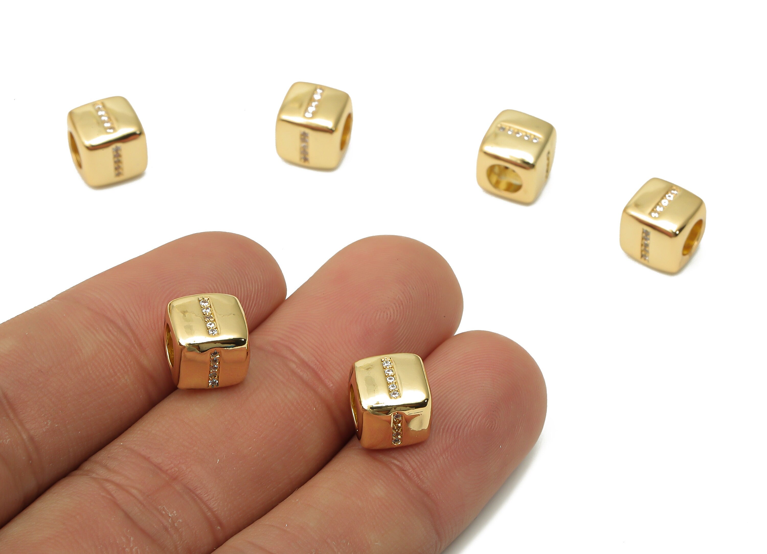 Alphabet Cube Initial Bead I With Zircon - Brass Beads Bracelet - Brass Beads Necklace -18K Real Gold Plated - 8.63x8.63x8.46mm - RGP4782I - DOMEDBAZAAR