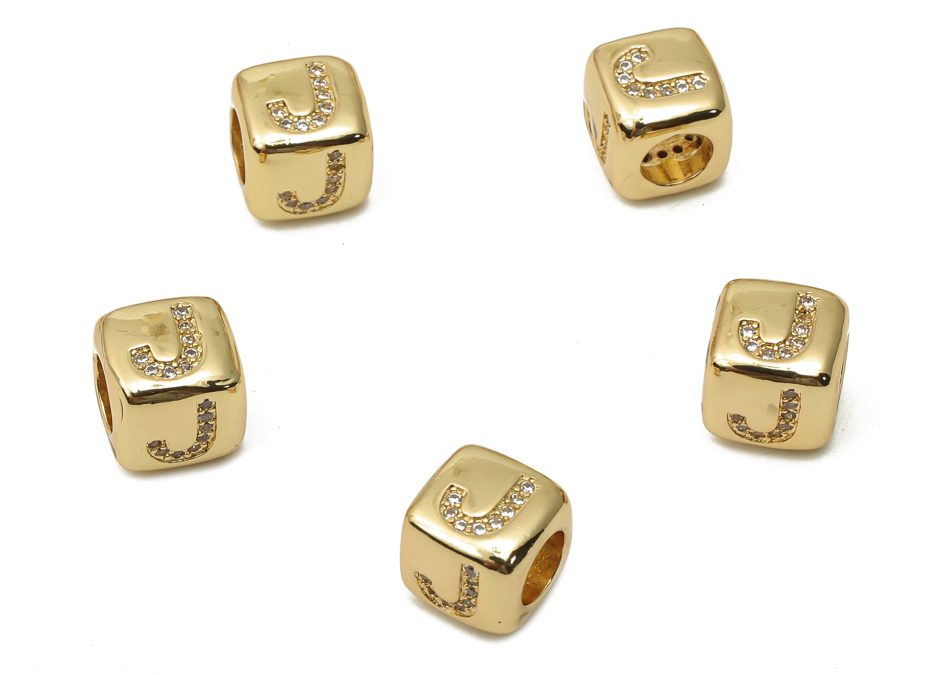 Alphabet Cube Letter Bead J With Zircon - Brass Initial J Bead Bracelet - Beads Necklace- 18K Real Gold Plated - 8.63x8.63x8.46mm - RGP4782J - DOMEDBAZAAR