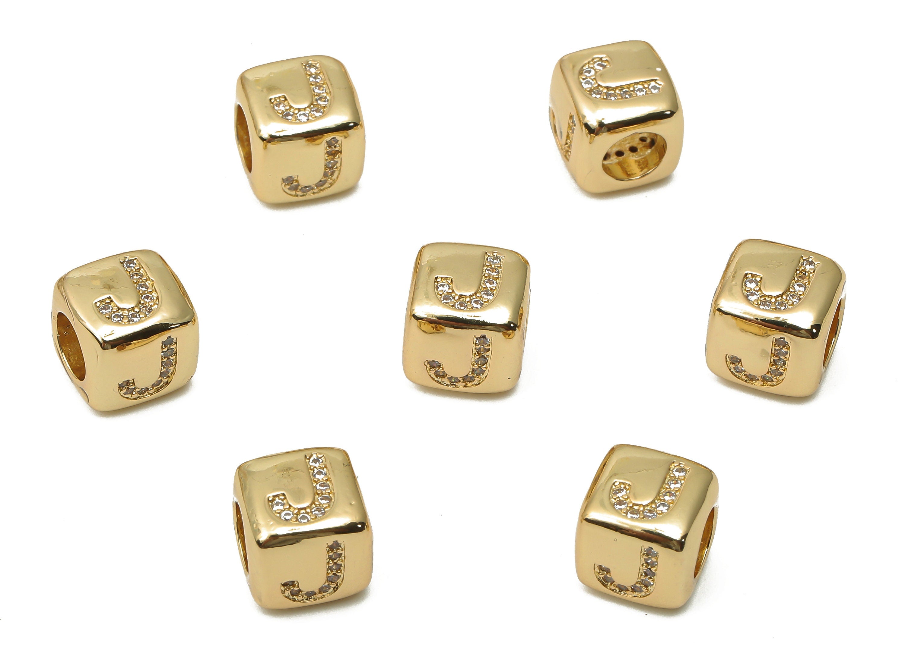Alphabet Cube Letter Bead J With Zircon - Brass Initial J Bead Bracelet - Beads Necklace- 18K Real Gold Plated - 8.63x8.63x8.46mm - RGP4782J - DOMEDBAZAAR