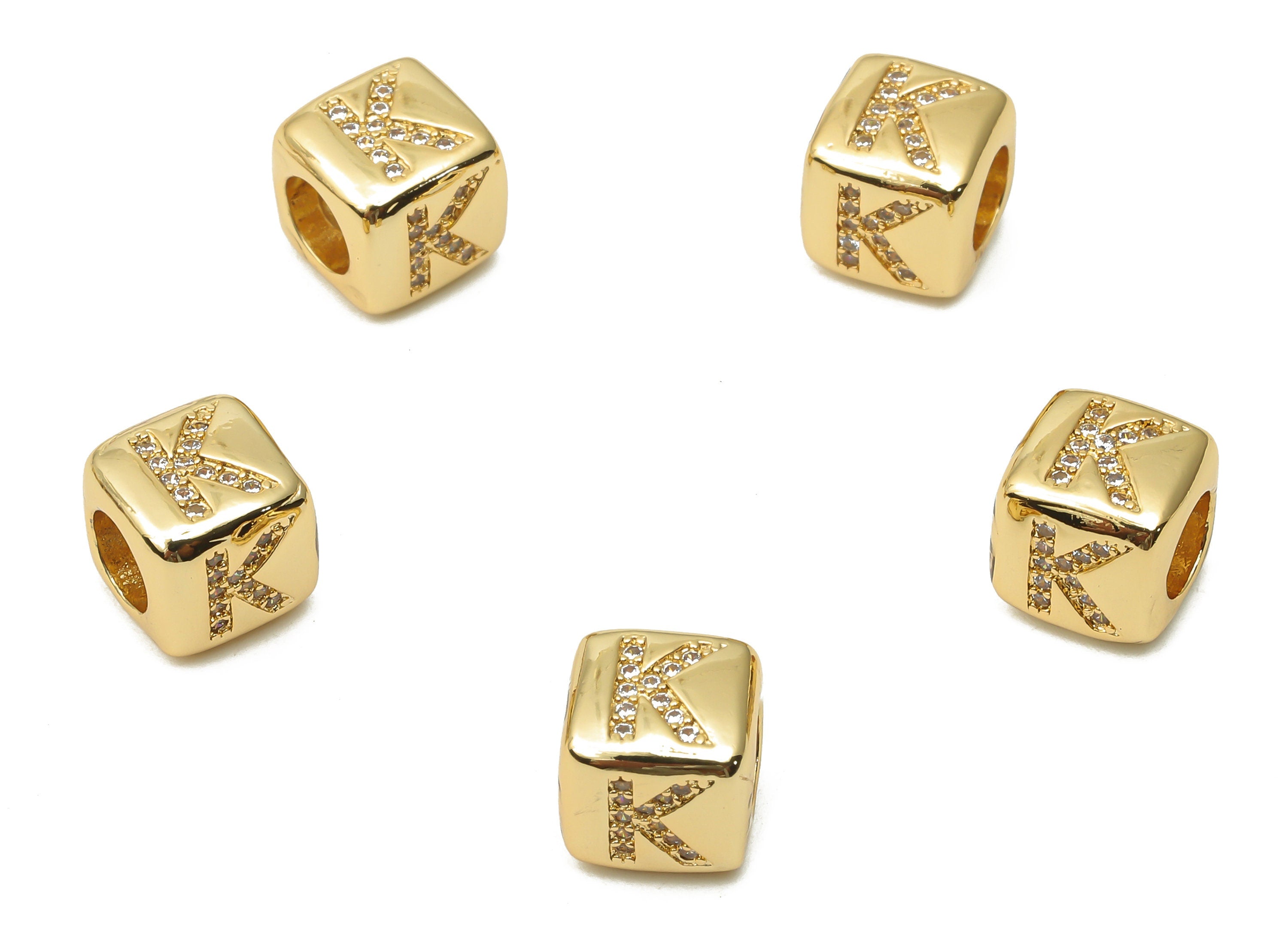 Alphabet Cube Bead K With Zircon- Brass Initial Letters K Beads Bracelet - Bead Necklace- 18K Real Gold Plated - 8.63x8.63x8.46mm - RGP4782K - DOMEDBAZAAR