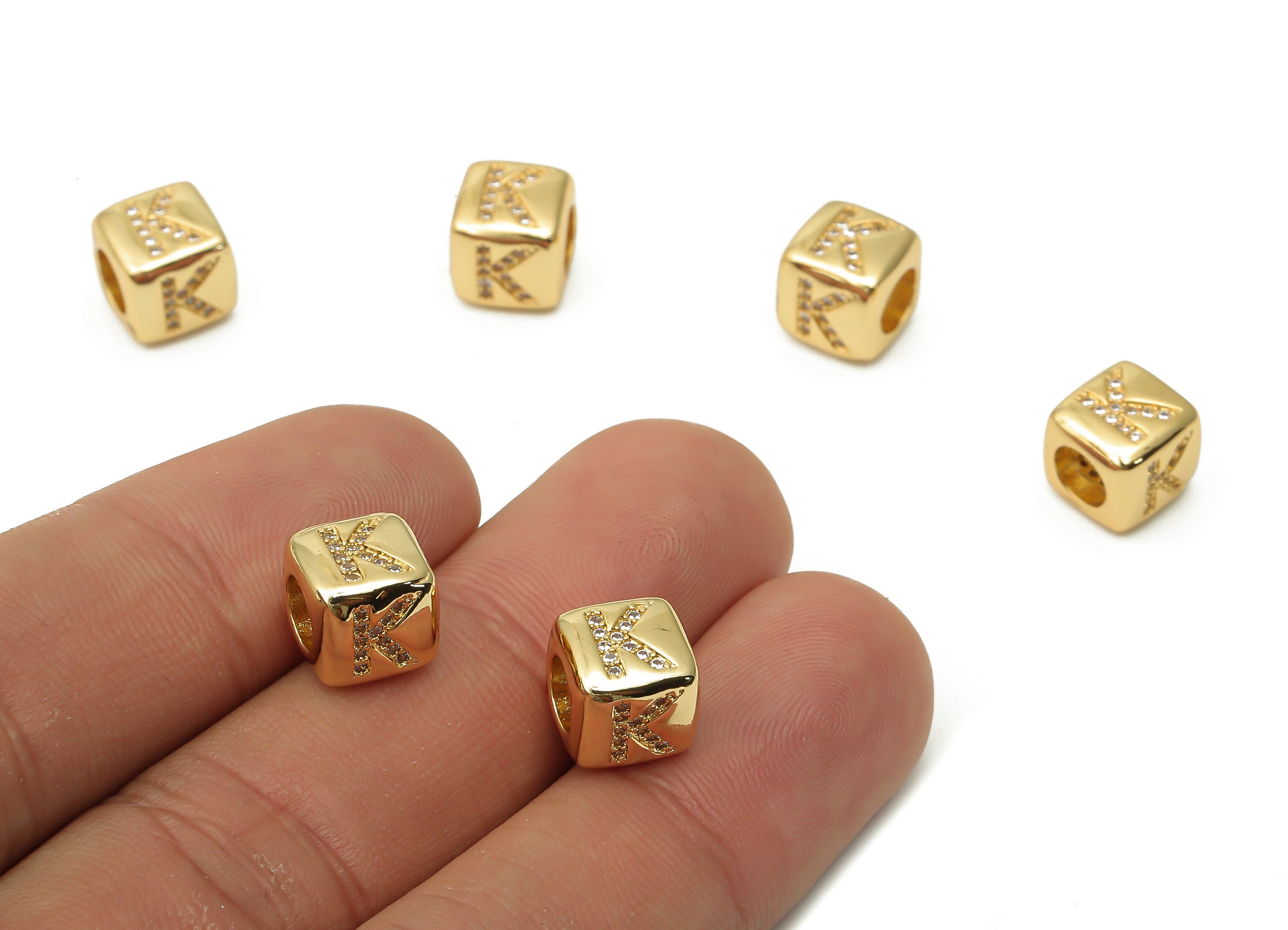 Alphabet Cube Bead K With Zircon- Brass Initial Letters K Beads Bracelet - Bead Necklace- 18K Real Gold Plated - 8.63x8.63x8.46mm - RGP4782K - DOMEDBAZAAR