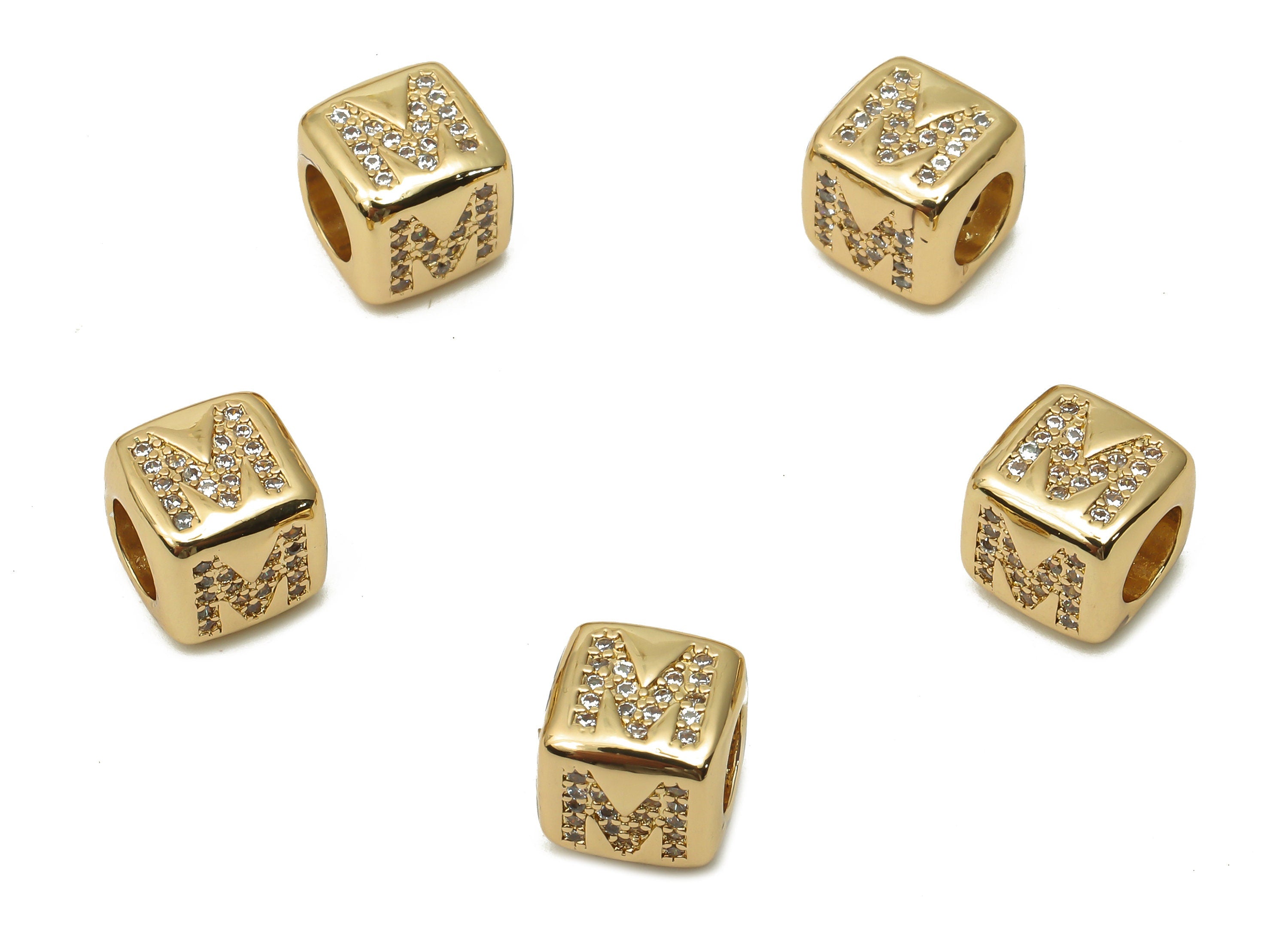 Alphabet Cube Bead M With Zircon- Brass Initial Letters M Beads Bracelet - Bead Necklace- 18K Real Gold Plated - 8.63x8.63x8.46mm - RGP4782M - DOMEDBAZAAR