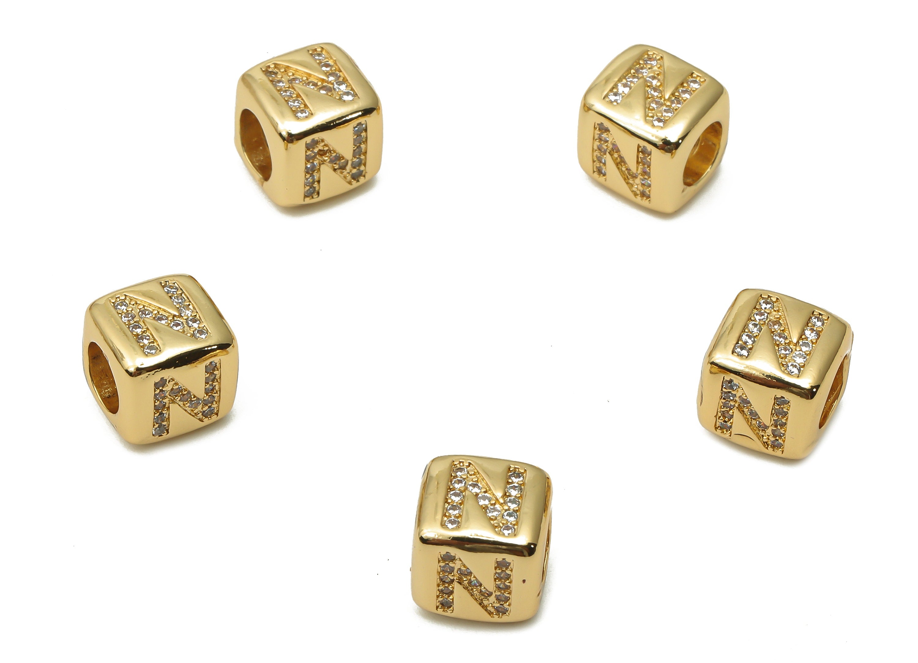 Alphabet Cube Bead N With Zircon- Brass Initial Letters N Beads Bracelet - Bead Necklace- 18K Real Gold Plated - 8.63x8.63x8.46mm - RGP4782N - DOMEDBAZAAR