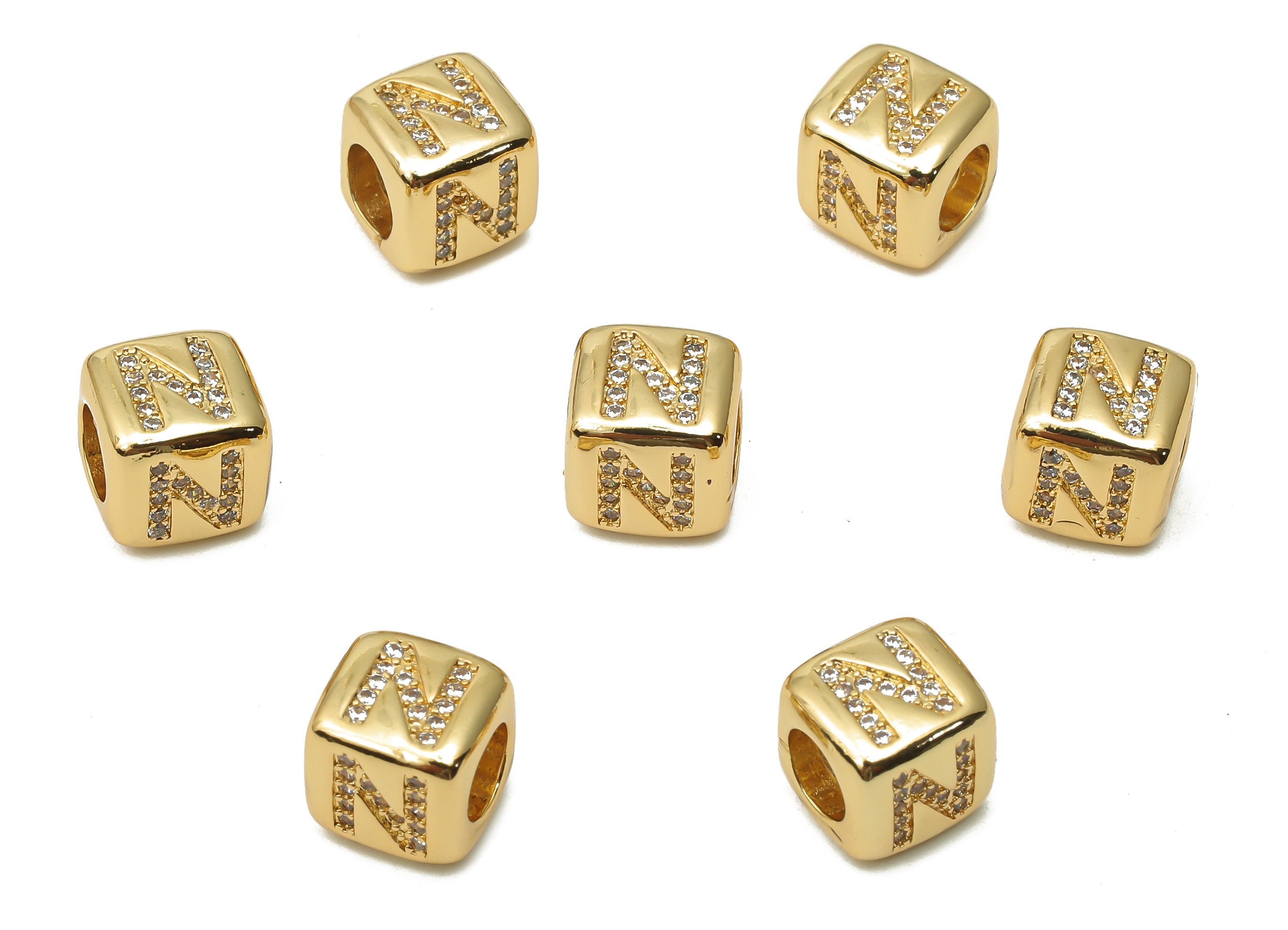 Alphabet Cube Bead N With Zircon- Brass Initial Letters N Beads Bracelet - Bead Necklace- 18K Real Gold Plated - 8.63x8.63x8.46mm - RGP4782N - DOMEDBAZAAR