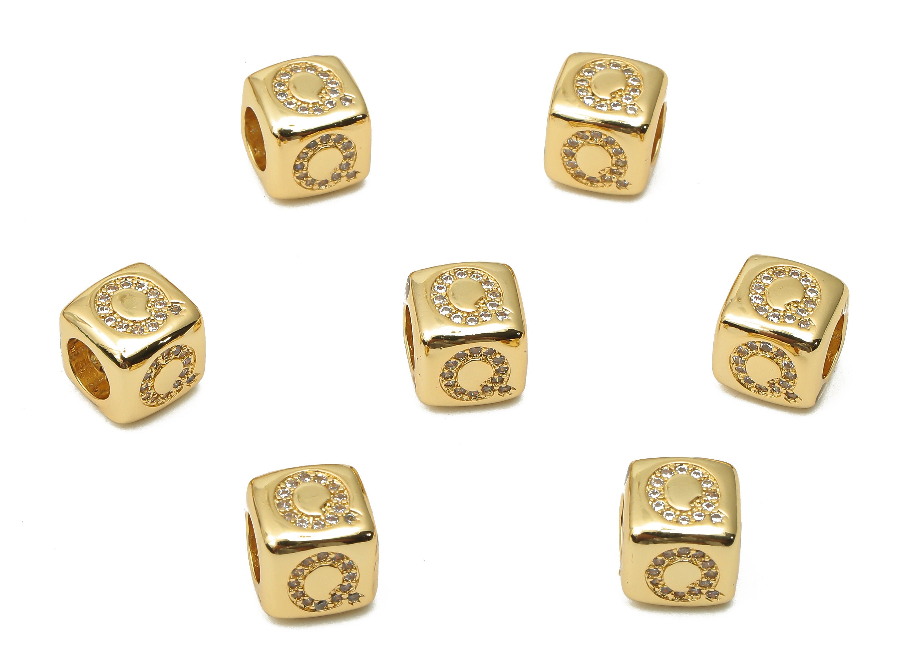 Alphabet Cube Bead Q With Zircon- Brass Initial Letters Q Beads Bracelet - Bead Necklace- 18K Real Gold Plated - 8.63x8.63x8.46mm - RGP4782Q - DOMEDBAZAAR