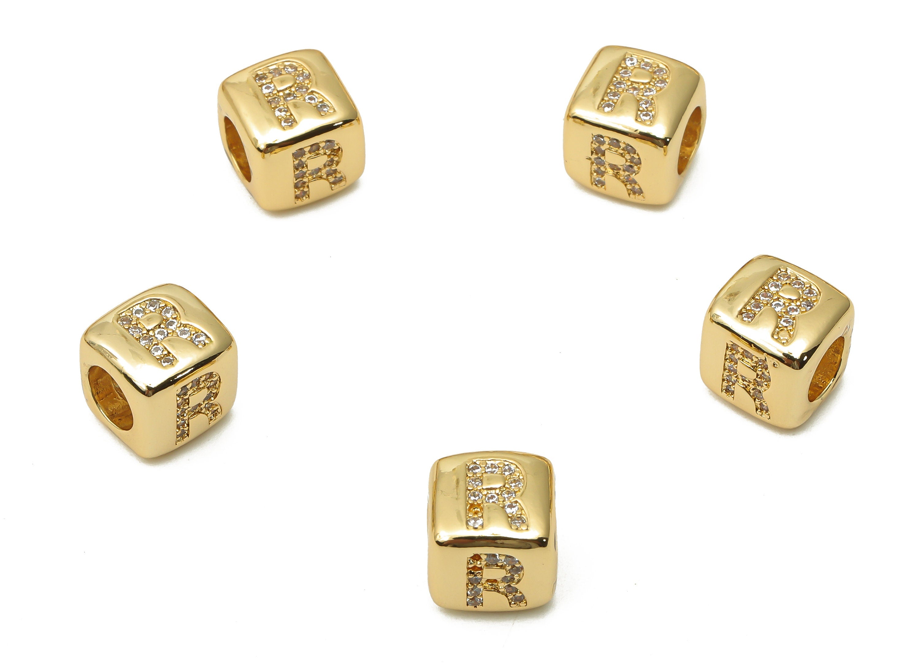 Alphabet Cube Bead R With Zircon- Brass Initial Letters R Beads Bracelet - Bead Necklace- 18K Real Gold Plated - 8.63x8.63x8.46mm - RGP4782R - DOMEDBAZAAR