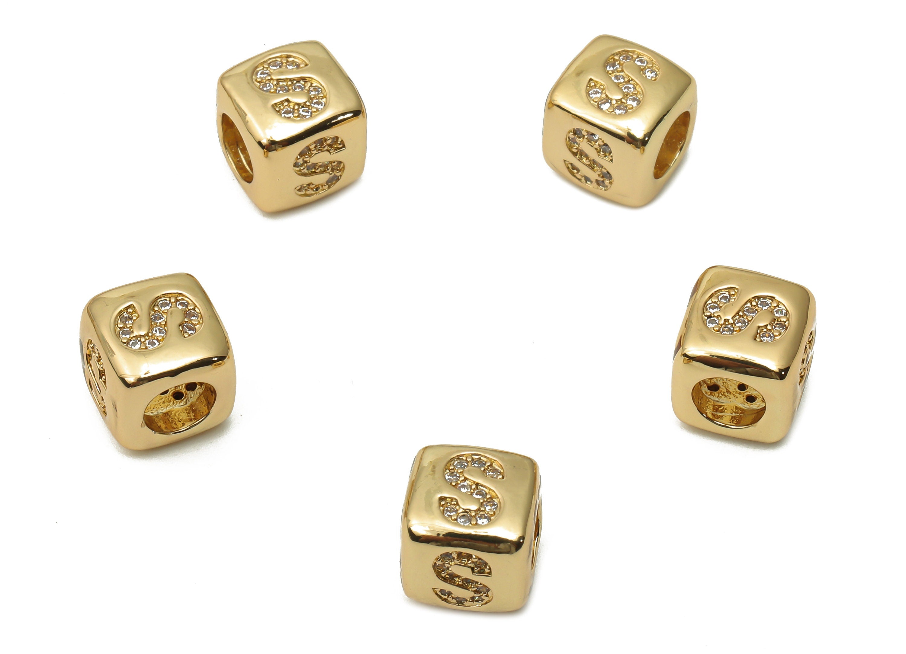 Alphabet Cube Bead S With Zircon- Brass Initial Letters S Beads Bracelet - Bead Necklace- 18K Real Gold Plated -8.63x8.63x8.46mm - RGP4782S - DOMEDBAZAAR