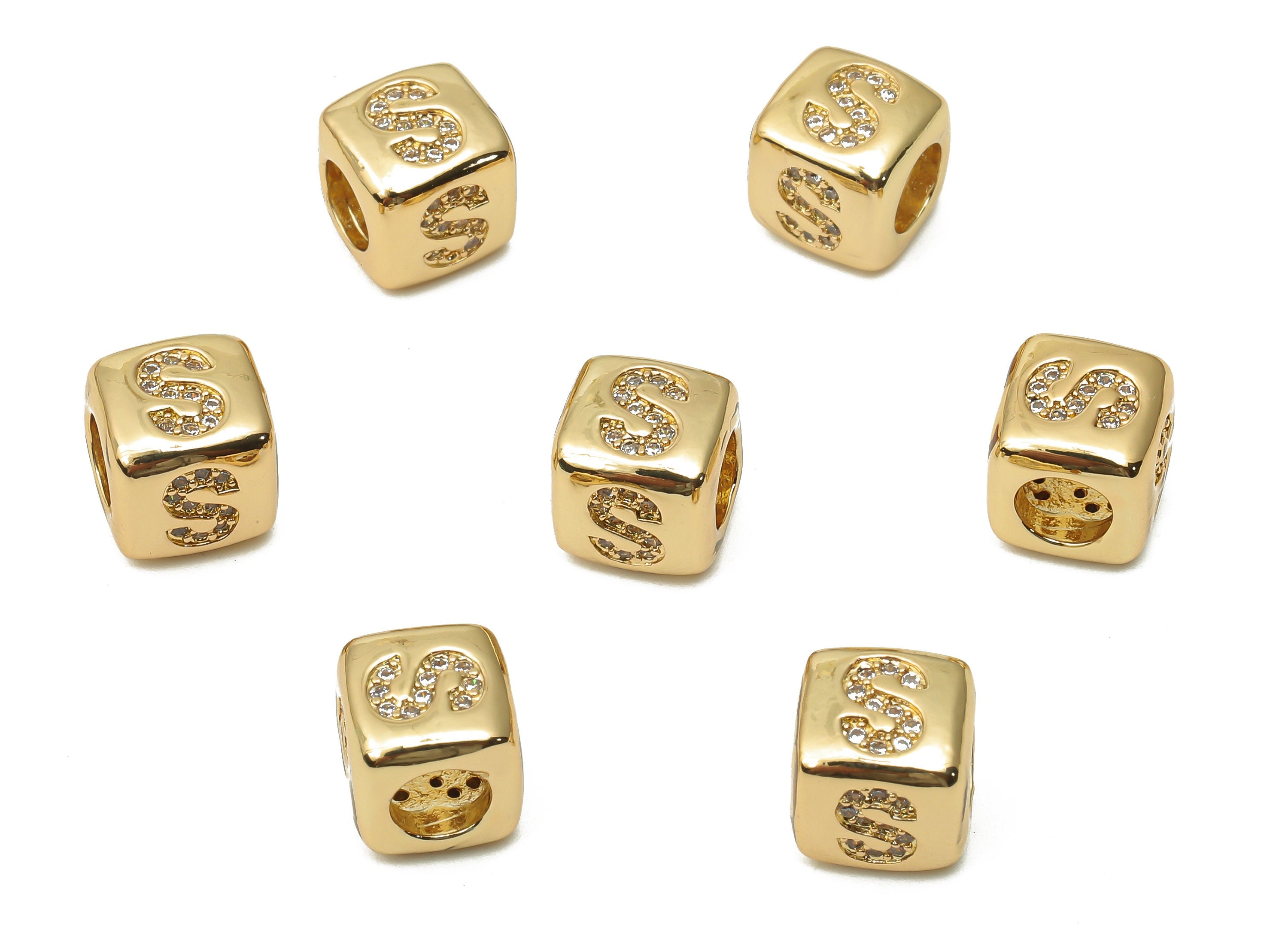 Alphabet Cube Bead S With Zircon- Brass Initial Letters S Beads Bracelet - Bead Necklace- 18K Real Gold Plated -8.63x8.63x8.46mm - RGP4782S - DOMEDBAZAAR