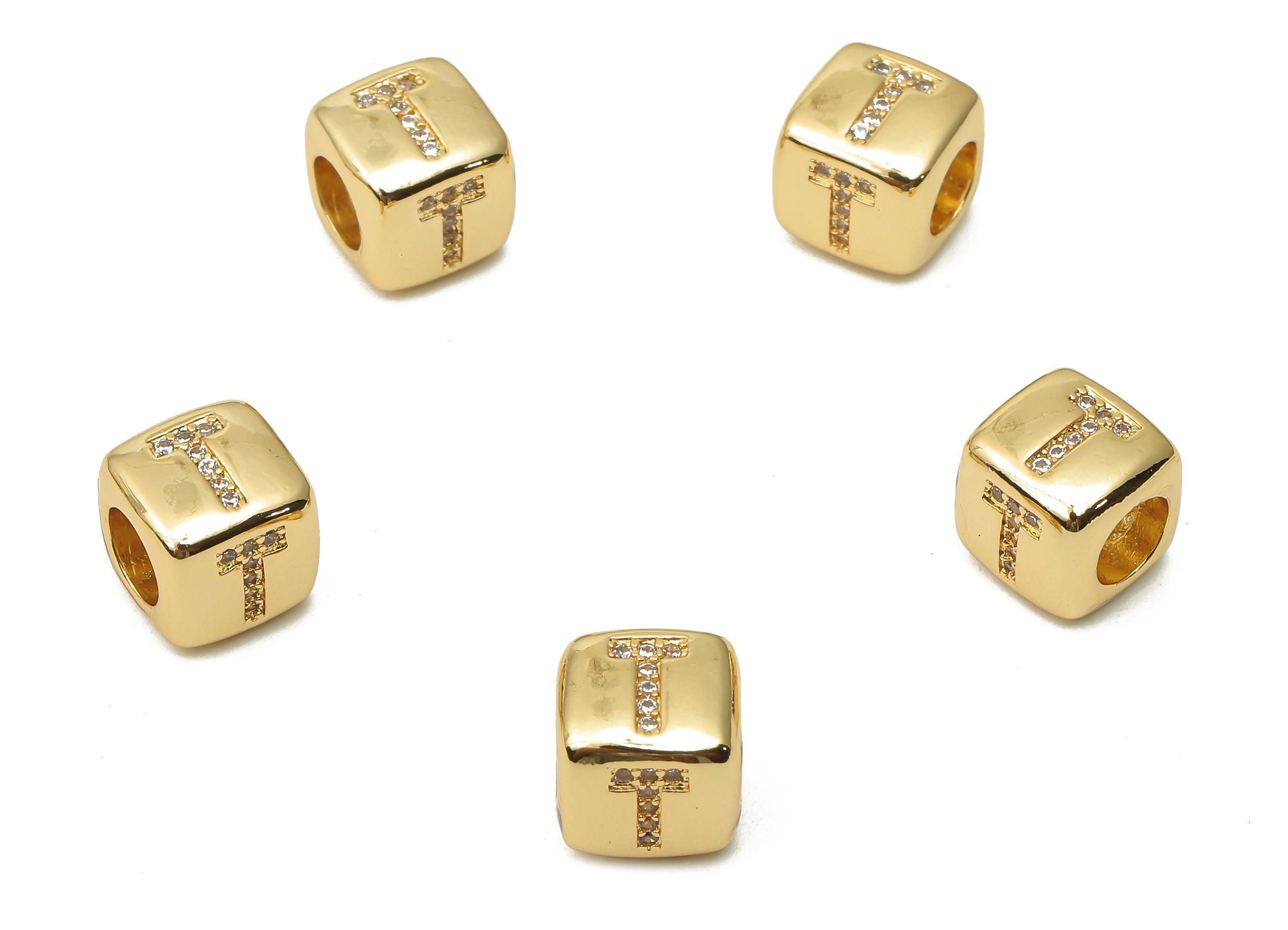 Alphabet Cube Bead T With Zircon- Brass Initial Letters T Beads Bracelet - Bead Necklace- 18K Real Gold Plated- 8.63x8.63x8.46mm - RGP4782T - DOMEDBAZAAR
