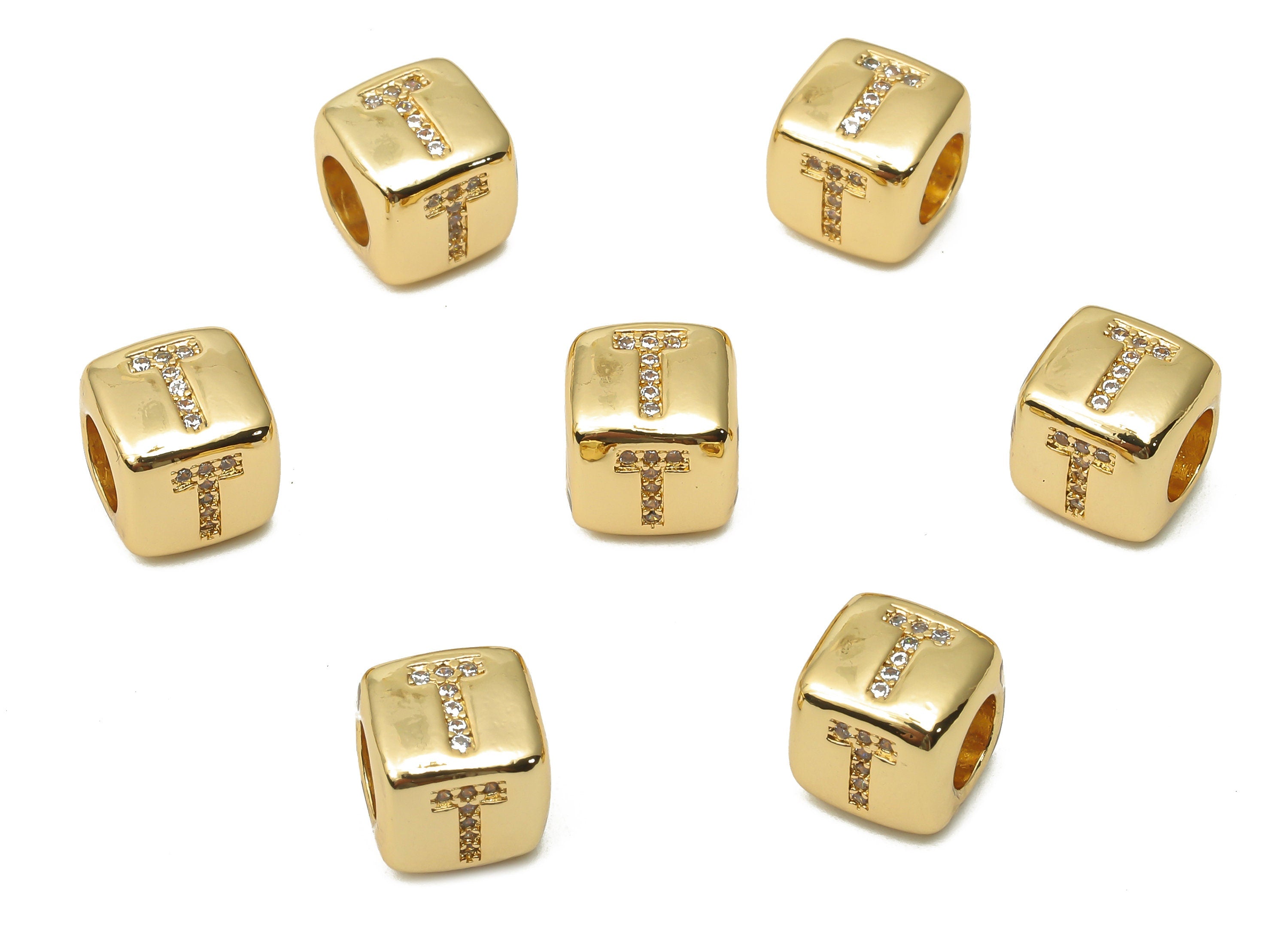 Alphabet Cube Bead T With Zircon- Brass Initial Letters T Beads Bracelet - Bead Necklace- 18K Real Gold Plated- 8.63x8.63x8.46mm - RGP4782T - DOMEDBAZAAR