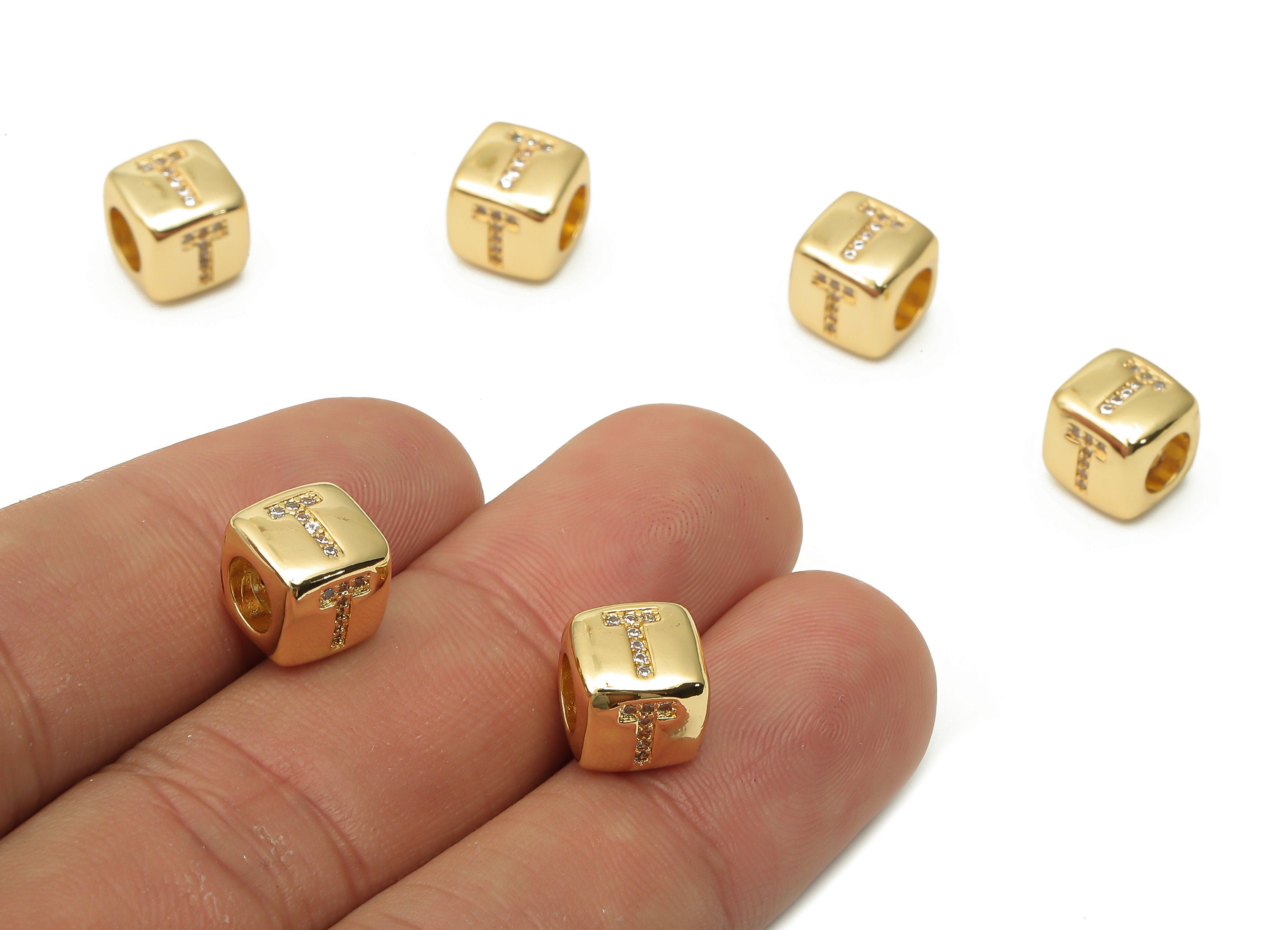 Alphabet Cube Bead T With Zircon- Brass Initial Letters T Beads Bracelet - Bead Necklace- 18K Real Gold Plated- 8.63x8.63x8.46mm - RGP4782T - DOMEDBAZAAR