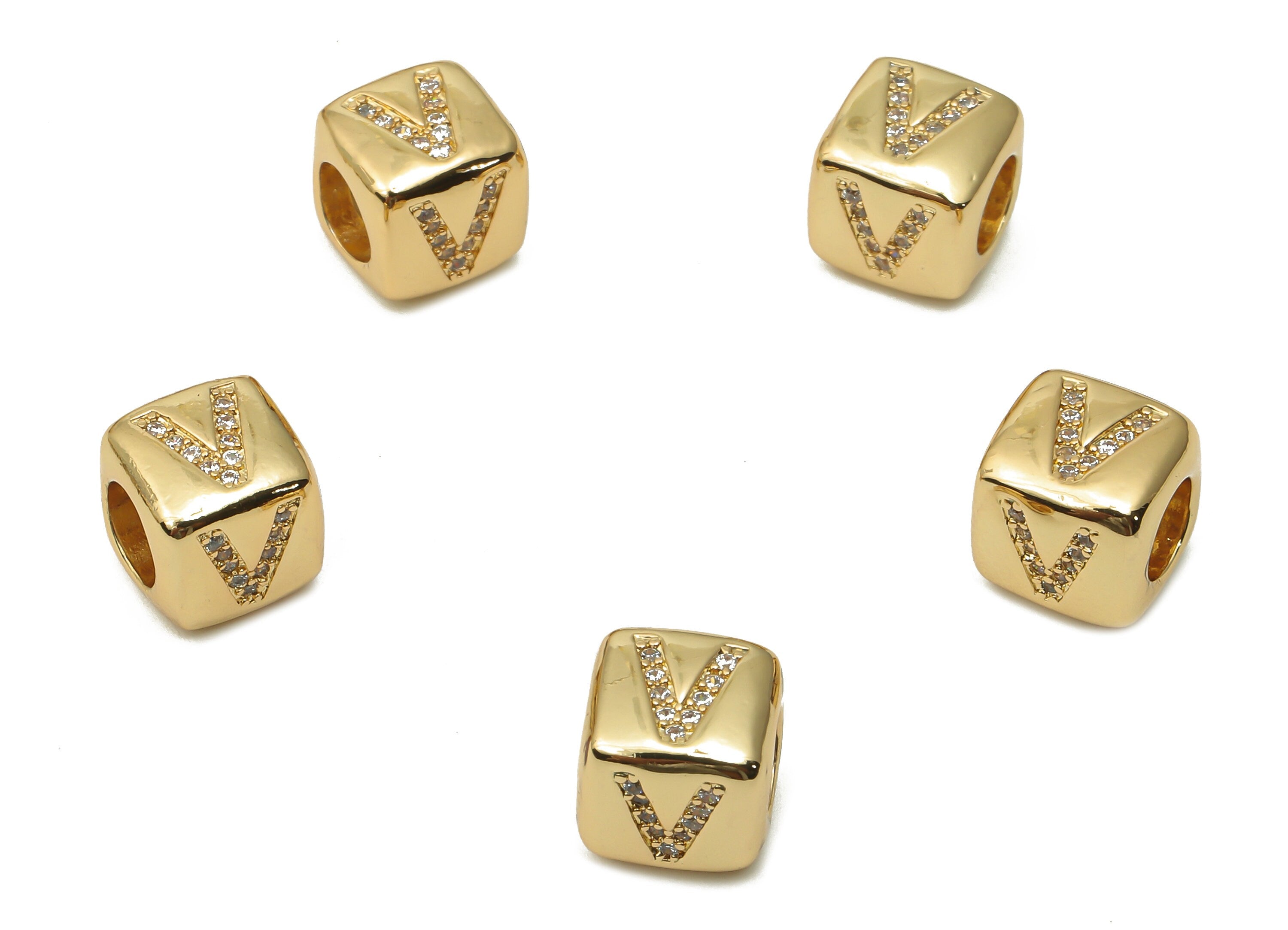 Alphabet Cube Bead V With Zircon- Brass Initial Letters V Beads Bracelet - Bead Necklace- 18K Real Gold Plated- 8.63x8.63x8.46mm - RGP4782V - DOMEDBAZAAR