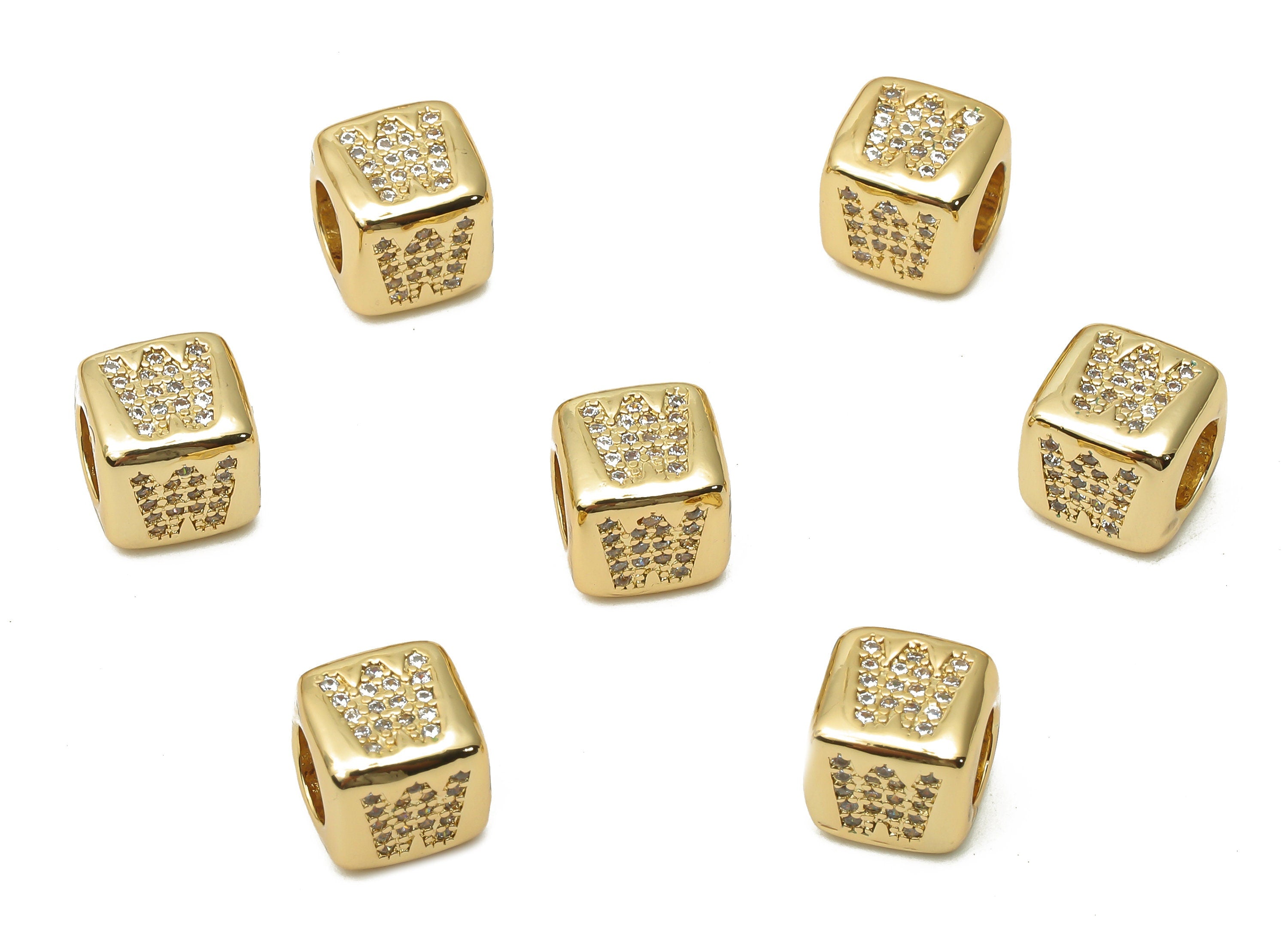 Alphabet Cube Bead W With Zircon- Brass Initial Letters W Beads Bracelet - Bead Necklace- 18K Real Gold Plated - 8.63x8.63x8.46mm - RGP4782W - DOMEDBAZAAR